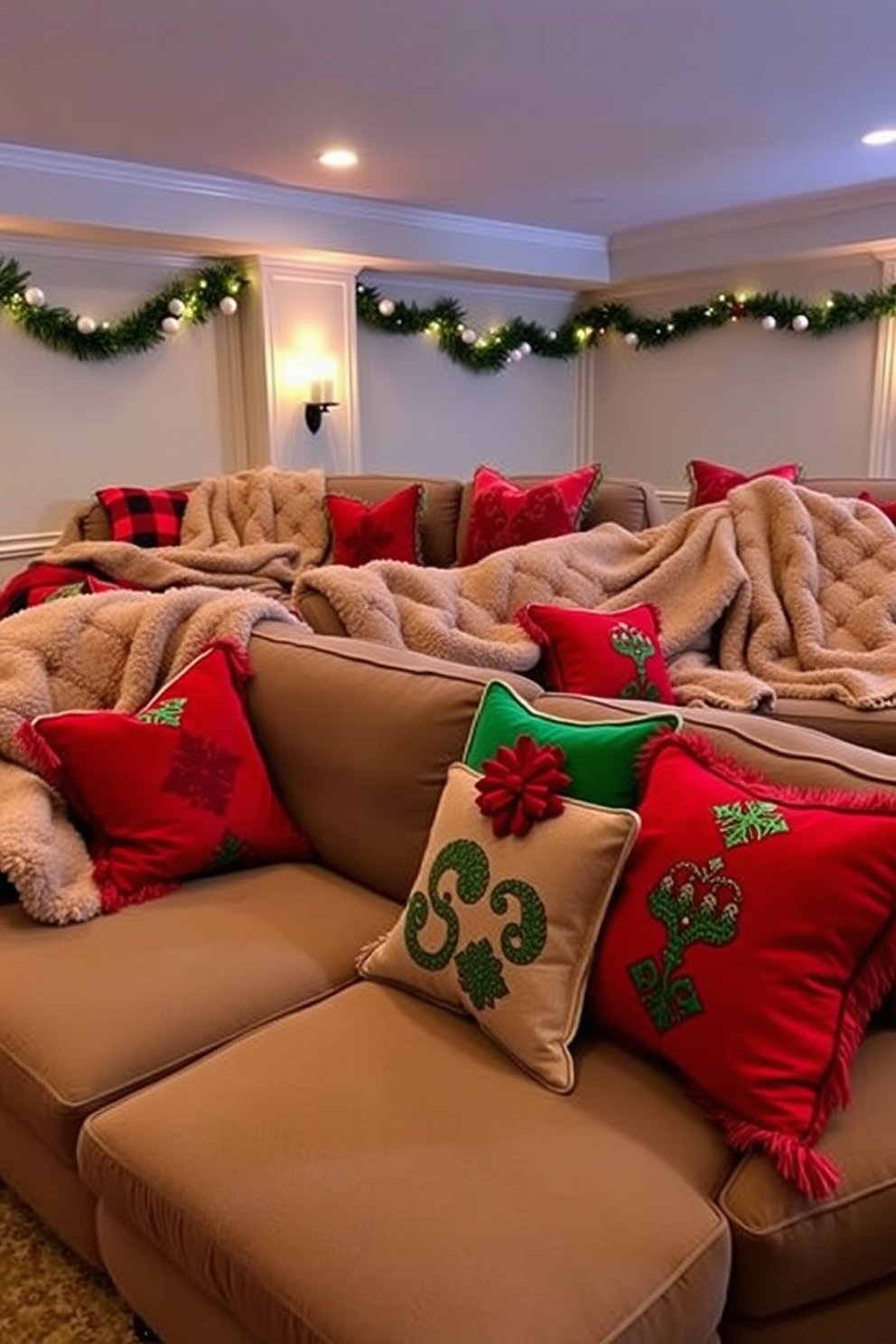 A cozy home theater adorned for the holidays features plush, oversized blankets draped over a large sectional sofa, inviting warmth and relaxation. Festive throw pillows in vibrant reds and greens are scattered across the seating, enhancing the cheerful atmosphere and providing comfort for movie nights.