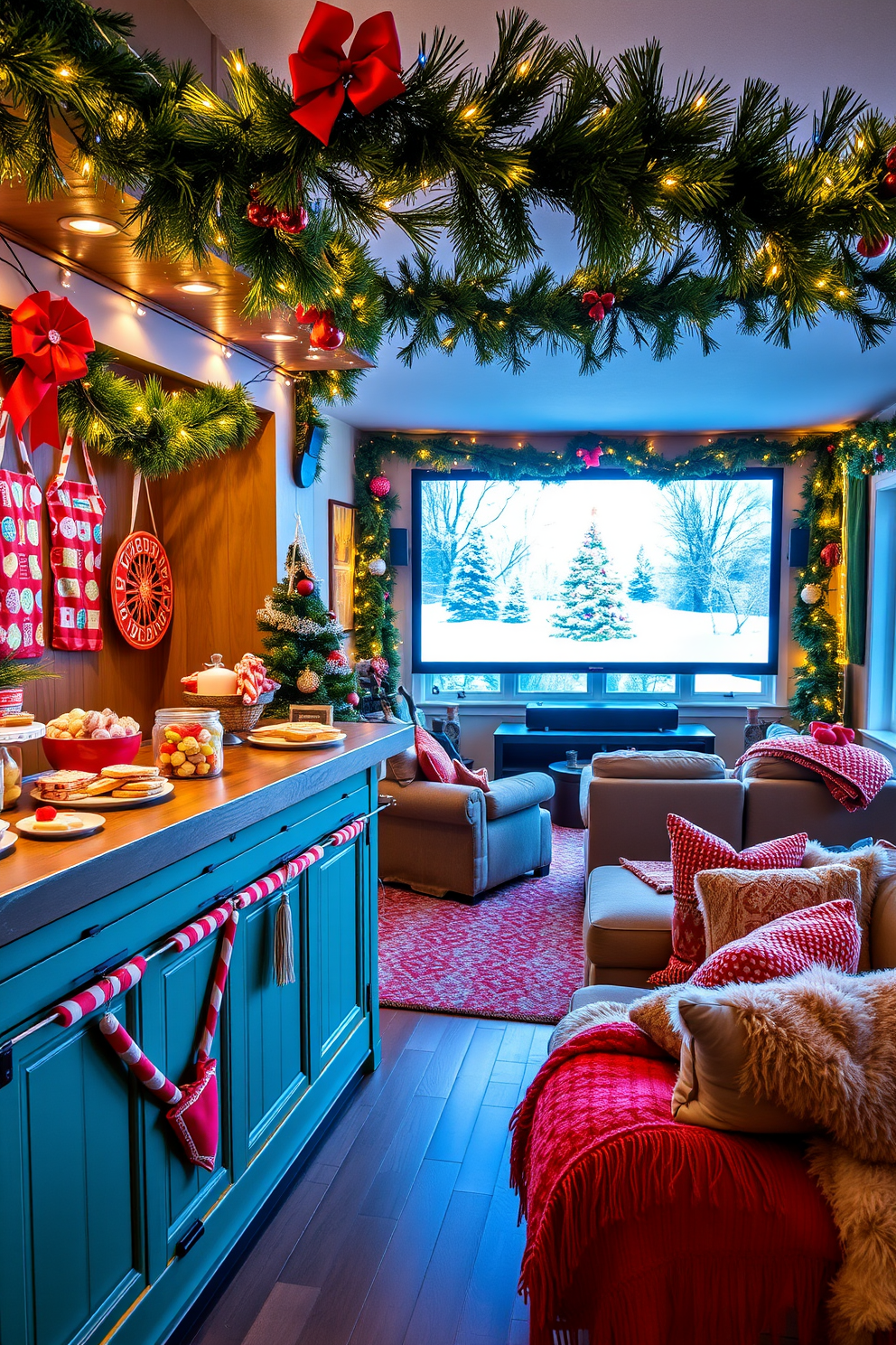 A themed snack bar is set up with a vibrant color palette, showcasing an array of festive treats such as gingerbread cookies, peppermint bark, and colorful candy canes. The bar features a rustic wooden countertop adorned with cheerful holiday decorations, twinkling fairy lights, and a backdrop of a snowy winter scene. The home theater is transformed into a cozy Christmas haven, with plush seating covered in festive throws and pillows. A large screen displays classic holiday movies, while garlands of pine and twinkling lights frame the windows, creating a warm and inviting atmosphere.