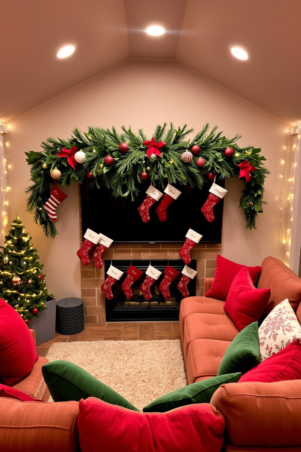 A cozy home theater decorated for Christmas. The walls are adorned with twinkling fairy lights, and plush red and green cushions are scattered on a large sectional sofa. Above the fireplace, a garland of pine and holly is draped, with festive ornaments hanging from it. Stockings in various patterns are hung by the screen, each personalized with names, adding a touch of warmth and holiday spirit.