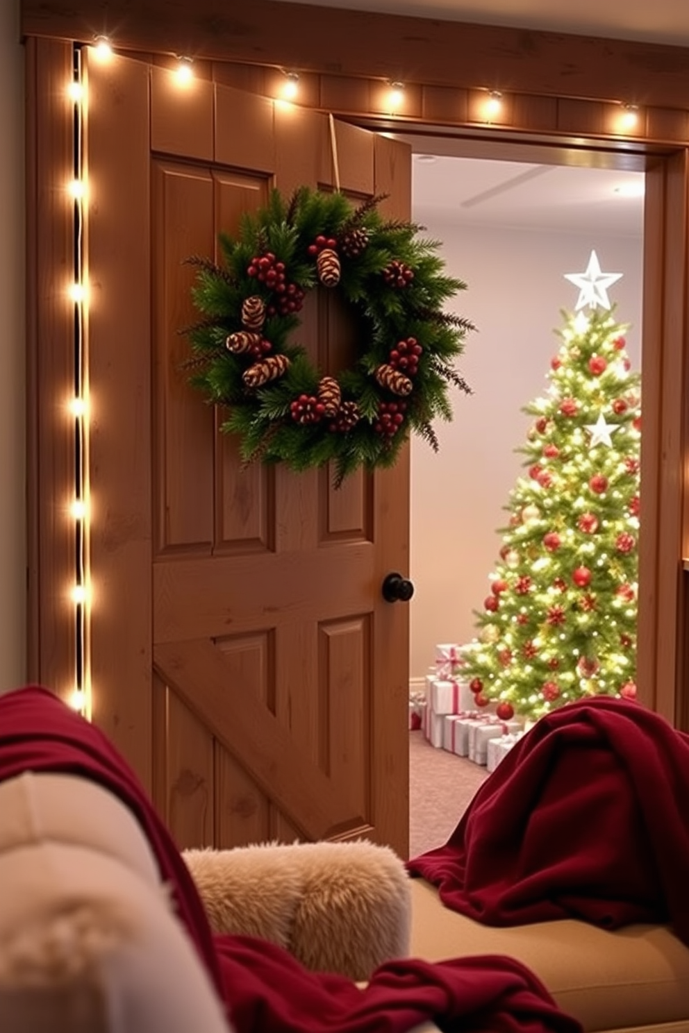 A festive wreath adorned with red berries and pinecones hangs on a rustic wooden door, welcoming guests with its seasonal charm. Soft white lights outline the doorframe, creating a warm and inviting entrance for the holiday season. Inside the home theater, plush seating is draped with cozy blankets in rich burgundy tones, enhancing the festive atmosphere. A beautifully decorated Christmas tree stands in the corner, twinkling with colorful ornaments and surrounded by neatly wrapped gifts.