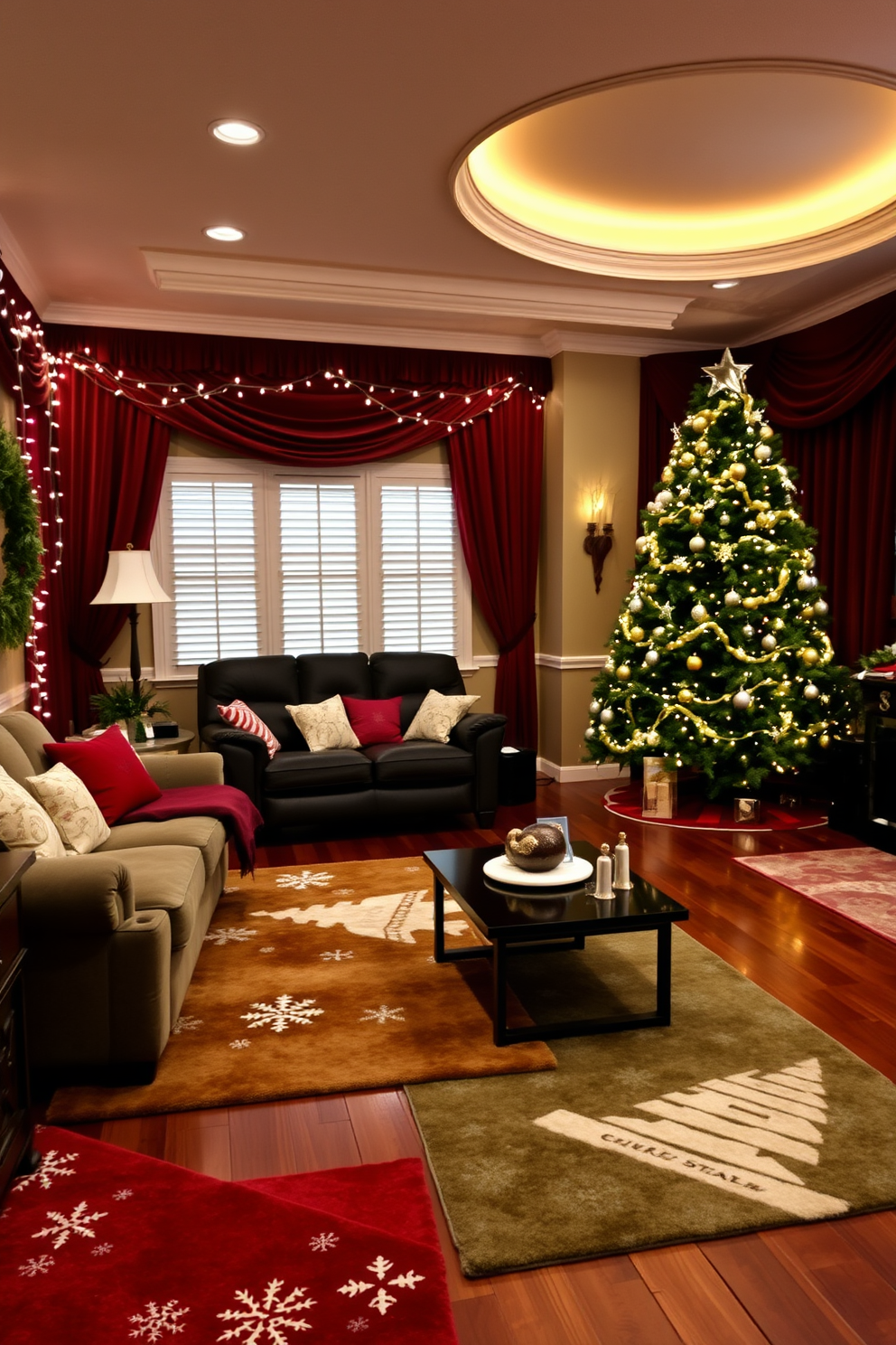 A cozy living room adorned with holiday-themed area rugs that add warmth and charm. The rugs feature festive patterns, including snowflakes and Christmas trees, complementing the rich, dark wood flooring. A luxurious home theater decorated for Christmas, with plush seating and twinkling string lights. The walls are draped in deep red fabric, while a large Christmas tree stands in the corner, adorned with gold and silver ornaments.