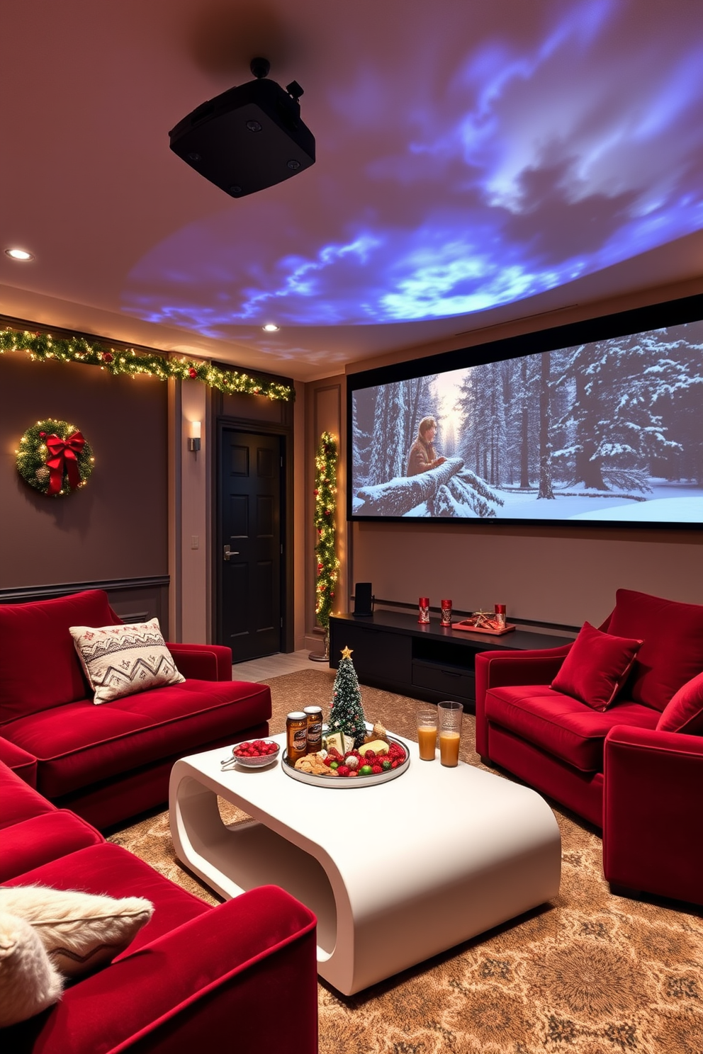 A cozy home theater adorned for the holidays, featuring a large LED projector casting festive scenes across the screen. Plush seating in rich red velvet surrounds a sleek coffee table, decorated with holiday-themed snacks and drinks.