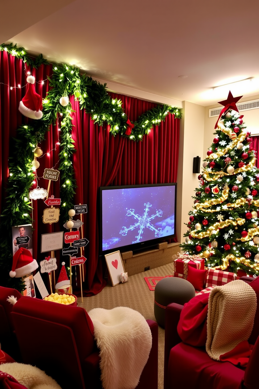 A cozy DIY photo booth adorned with festive Christmas props. The backdrop features a lush green garland intertwined with twinkling fairy lights, while a variety of playful props like Santa hats, reindeer antlers, and holiday-themed signs are scattered around for guests to enjoy. A luxurious home theater transformed into a winter wonderland for the holidays. Plush red velvet curtains frame the screen, and a large, decorated Christmas tree stands in the corner, surrounded by cozy blankets and popcorn for a perfect movie night atmosphere.