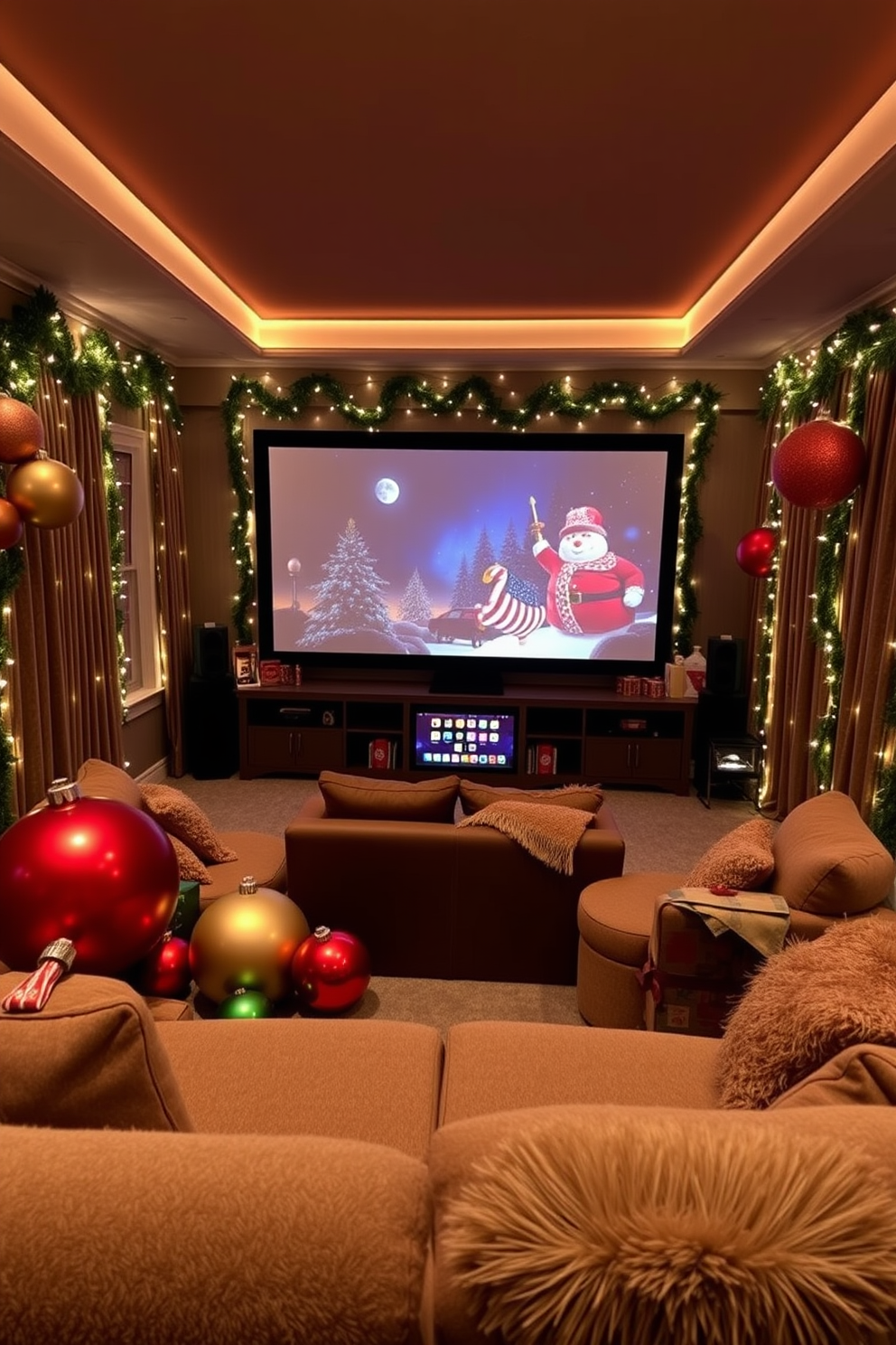 A cozy home theater adorned for Christmas, featuring giant ornaments scattered around the room in festive colors. Plush seating is arranged for comfort, with a large screen displaying holiday movies and twinkling fairy lights draped along the walls for a magical ambiance.