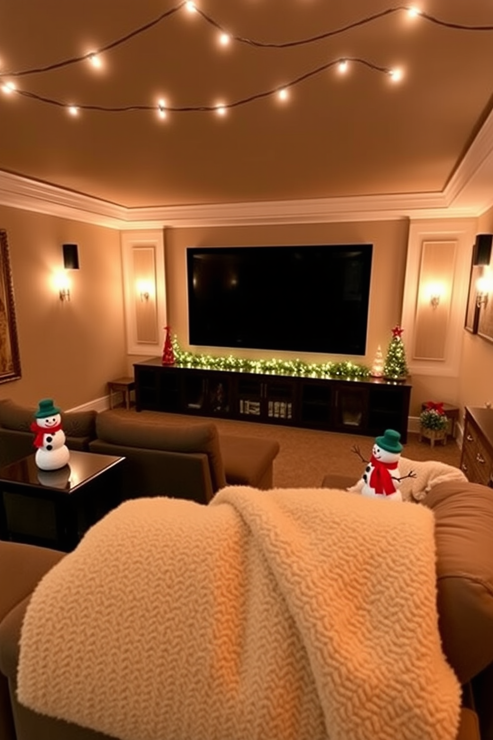 A cozy home theater adorned with festive snowman decorations on the side tables. The room features plush seating, a large screen, and warm ambient lighting, creating a perfect holiday atmosphere. Festive snowman figurines are placed on each side table, complementing the room's winter theme. String lights twinkle above, enhancing the cheerful decor while a soft throw blanket adds warmth to the seating area.