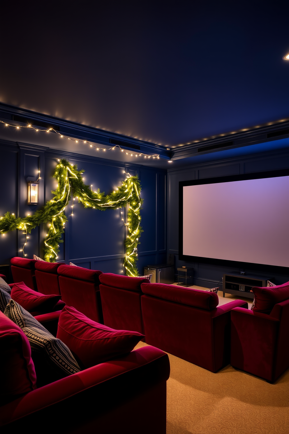 A cozy home theater adorned for the Christmas season. The walls are painted a deep navy blue, with soft white fairy lights draped along the ceiling for a twinkling effect. Plush seating in rich burgundy velvet creates a warm and inviting atmosphere. A large screen is framed by garlands of fresh pine and twinkling lights, while a festive playlist fills the air with cheerful Christmas music.