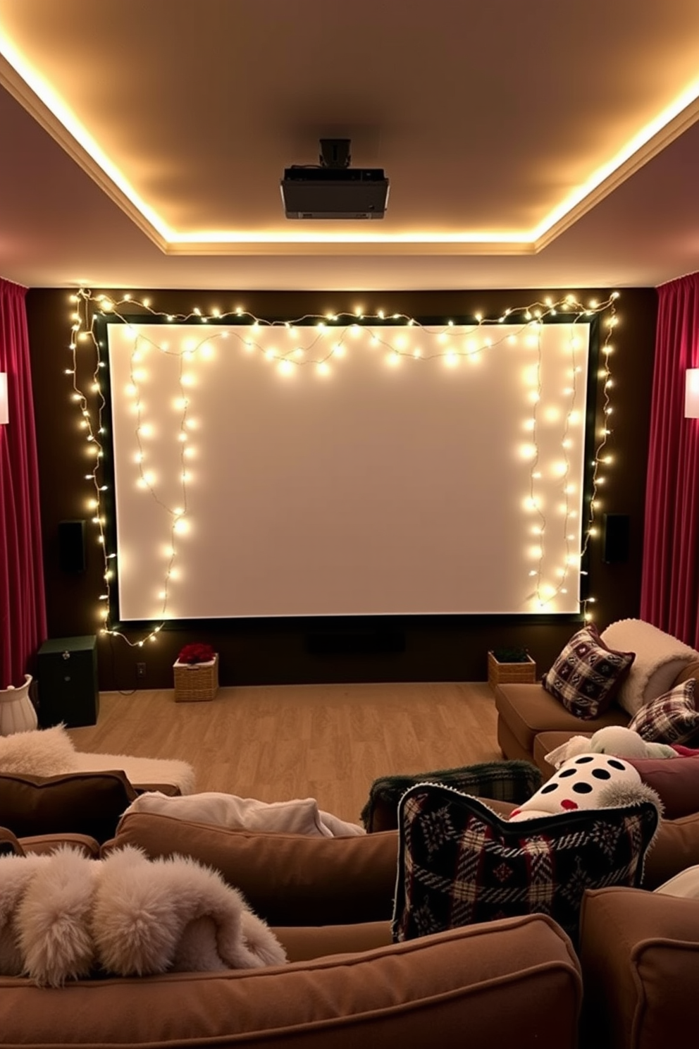 A cozy home theater adorned with twinkling fairy lights draped around the screen, creating a magical ambiance for movie nights. Plush seating is arranged in a semi-circle, with soft blankets and festive cushions adding to the holiday spirit.