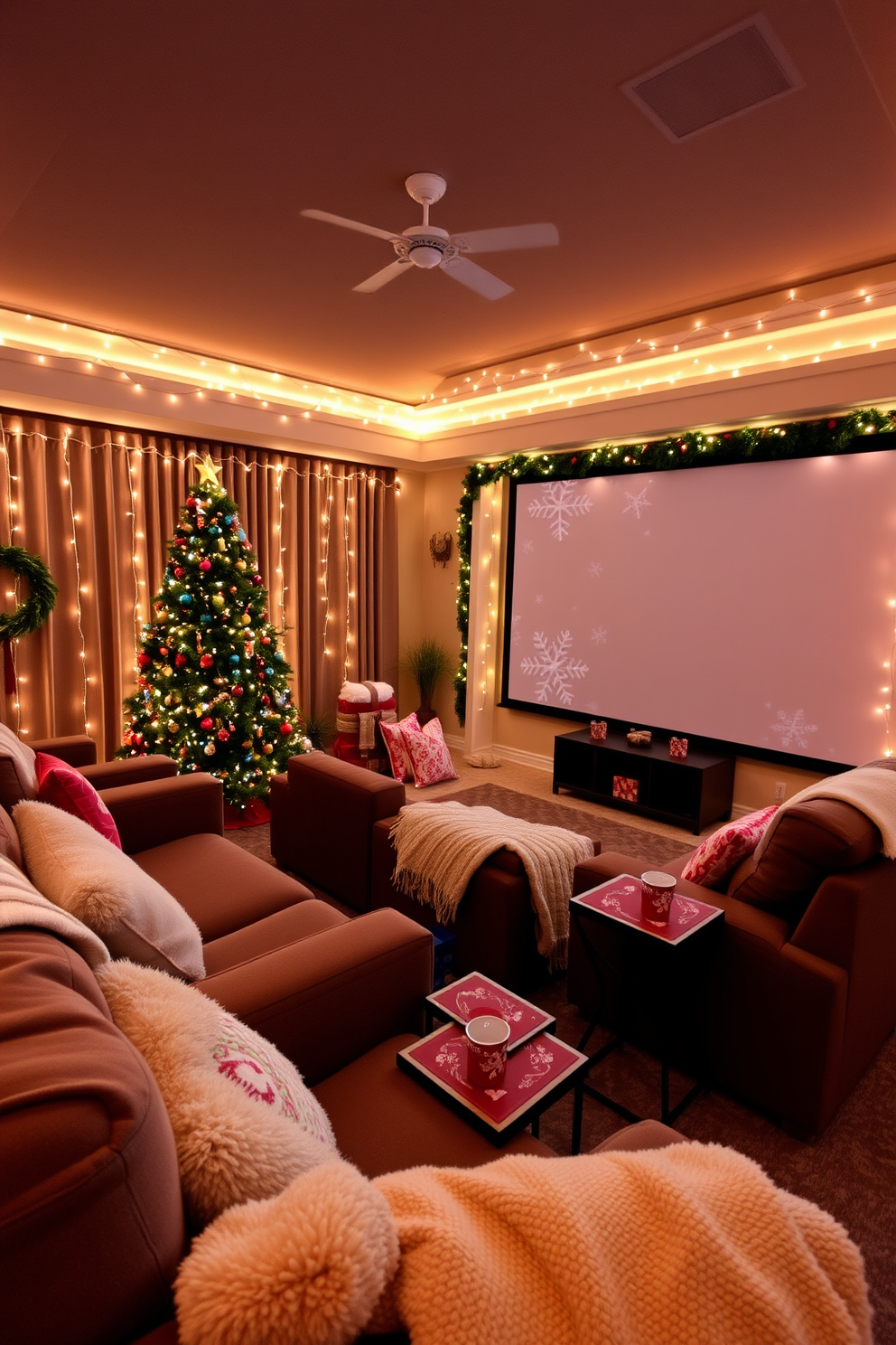 A cozy home theater adorned with holiday-themed decorations. Plush seating is arranged around a large screen, with festive coasters and drinkware placed on side tables, featuring designs of snowflakes and Christmas trees. The walls are draped with twinkling fairy lights, and a large Christmas tree stands in one corner, decorated with colorful ornaments. A warm, inviting atmosphere is created by a combination of soft blankets and seasonal throw pillows on the seating.