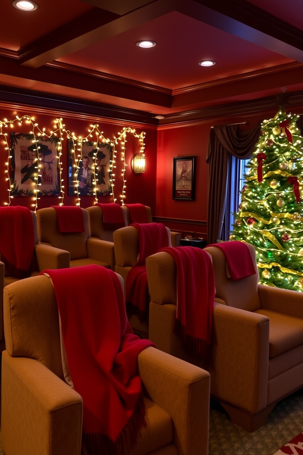 A cozy home theater adorned for the holidays, featuring plush chairs draped with festive throw blankets in rich reds and greens. The walls are decorated with twinkling string lights, and a large Christmas tree stands in the corner, its ornaments reflecting the warm glow of the room.