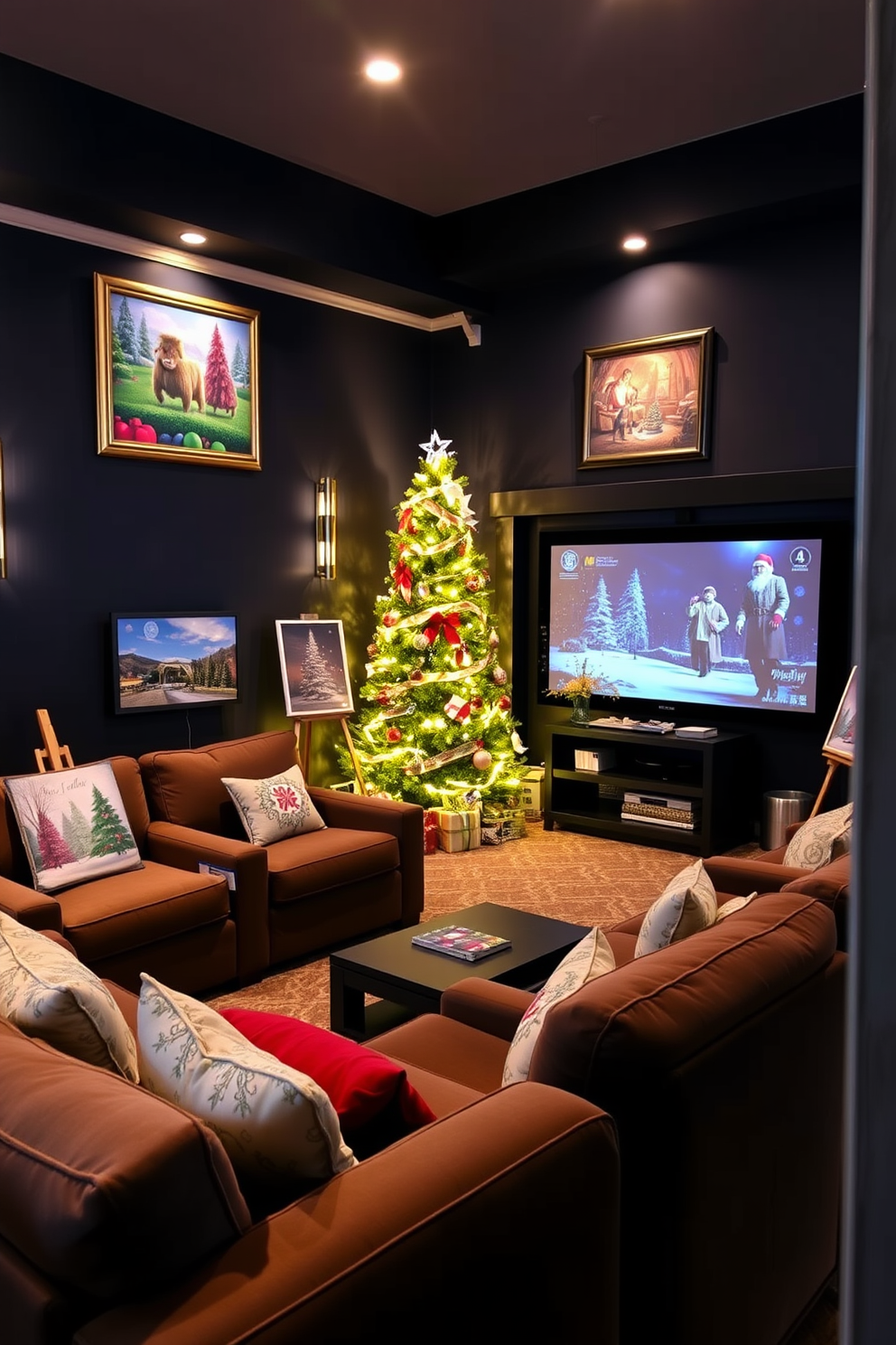 A cozy home theater adorned with seasonal artwork displayed on elegant easels. The walls are painted a deep navy, creating a dramatic backdrop for the vibrant holiday-themed pieces, while soft, ambient lighting enhances the festive atmosphere. Plush seating arranged in a semi-circle faces a large screen, with decorative throw pillows featuring winter motifs. A beautifully decorated Christmas tree stands in the corner, twinkling lights reflecting off the walls, adding a warm glow to the space.