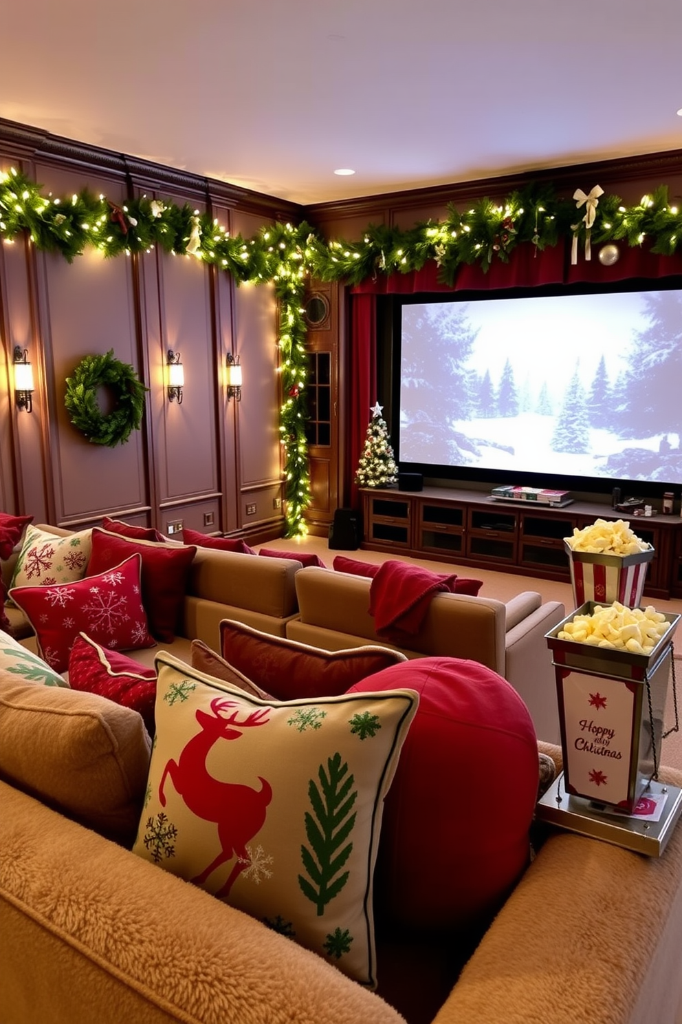 A cozy living room adorned with holiday-themed cushions on a plush sofa, featuring designs of snowflakes and reindeer in vibrant red and green hues. The cushions add a festive touch, complementing the warm glow of fairy lights draped around the room. A luxurious home theater transformed for the holidays, with a large screen framed by garlands of pine and twinkling lights. Plush seating is accented with festive throws, while a small popcorn station is set up nearby, complete with holiday-themed snacks.