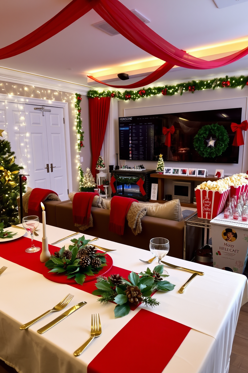 A festive Christmas-themed table setting adorned with a red and green color palette. The table features a white tablecloth, elegant gold cutlery, and decorative plates with holly motifs, surrounded by small pinecone centerpieces. A cozy home theater decorated for Christmas, showcasing a large screen framed by twinkling fairy lights. Plush seating is draped with festive blankets, and a popcorn station is set up with holiday-themed snacks in cheerful containers.