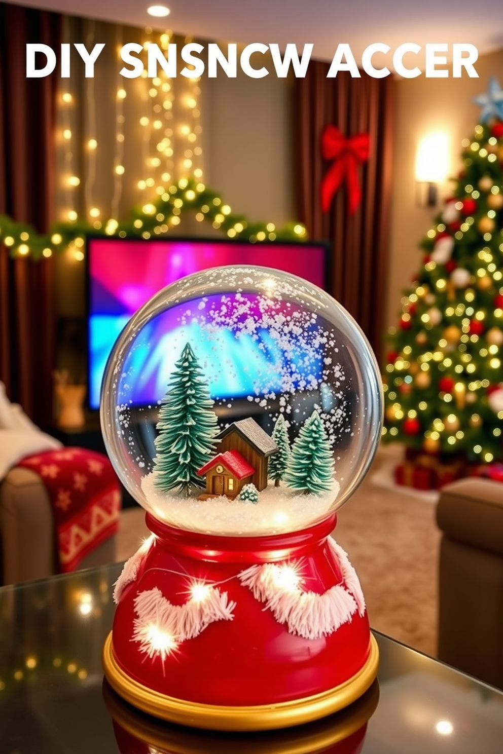 A charming DIY snow globe decor accent featuring a glass globe filled with faux snow, miniature pine trees, and a cozy cabin scene. The base is painted in a festive red with gold accents, adding a touch of elegance to your holiday decor. An inviting home theater adorned with Christmas decorations, showcasing a large screen framed by twinkling fairy lights. Plush seating is draped with festive blankets, and a beautifully decorated Christmas tree stands in the corner, creating a warm and festive atmosphere.