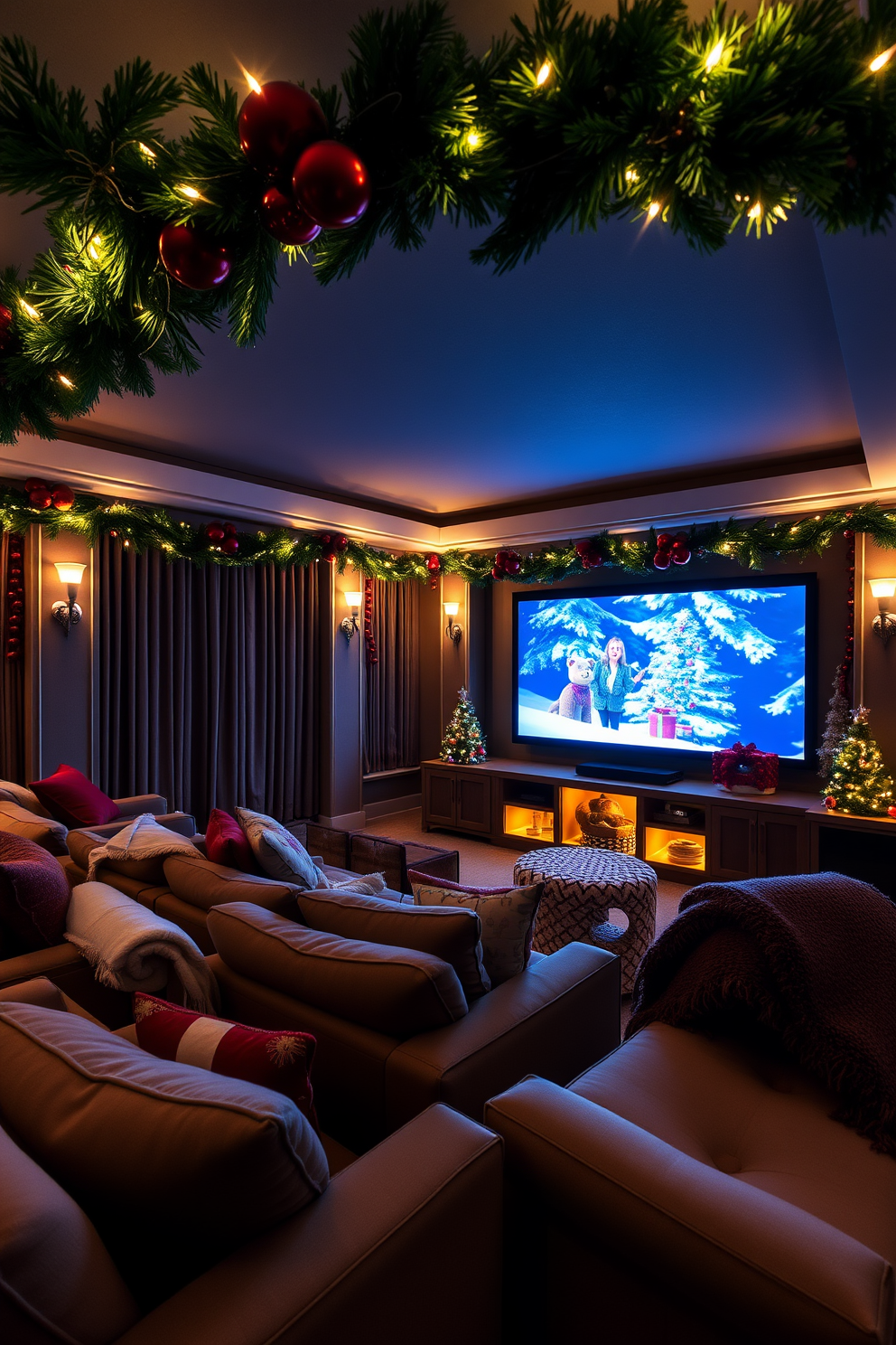 A cozy home theater adorned for Christmas with garlands draped from the ceiling, twinkling lights interspersed among the lush greenery. Plush seating is arranged in a semi-circle, with festive throw pillows and blankets adding warmth, while a large screen displays a classic holiday movie.