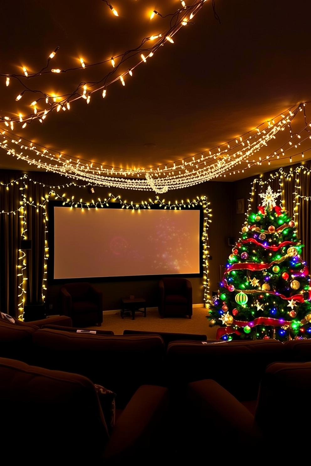 A cozy home theater adorned with creative Christmas lights. Strands of twinkling fairy lights are draped along the ceiling and around the projection screen, casting a warm glow over plush seating. The walls are decorated with festive ornaments and garlands intertwined with soft white lights. A large Christmas tree stands in the corner, its colorful lights reflecting off the darkened walls, creating a magical holiday atmosphere.