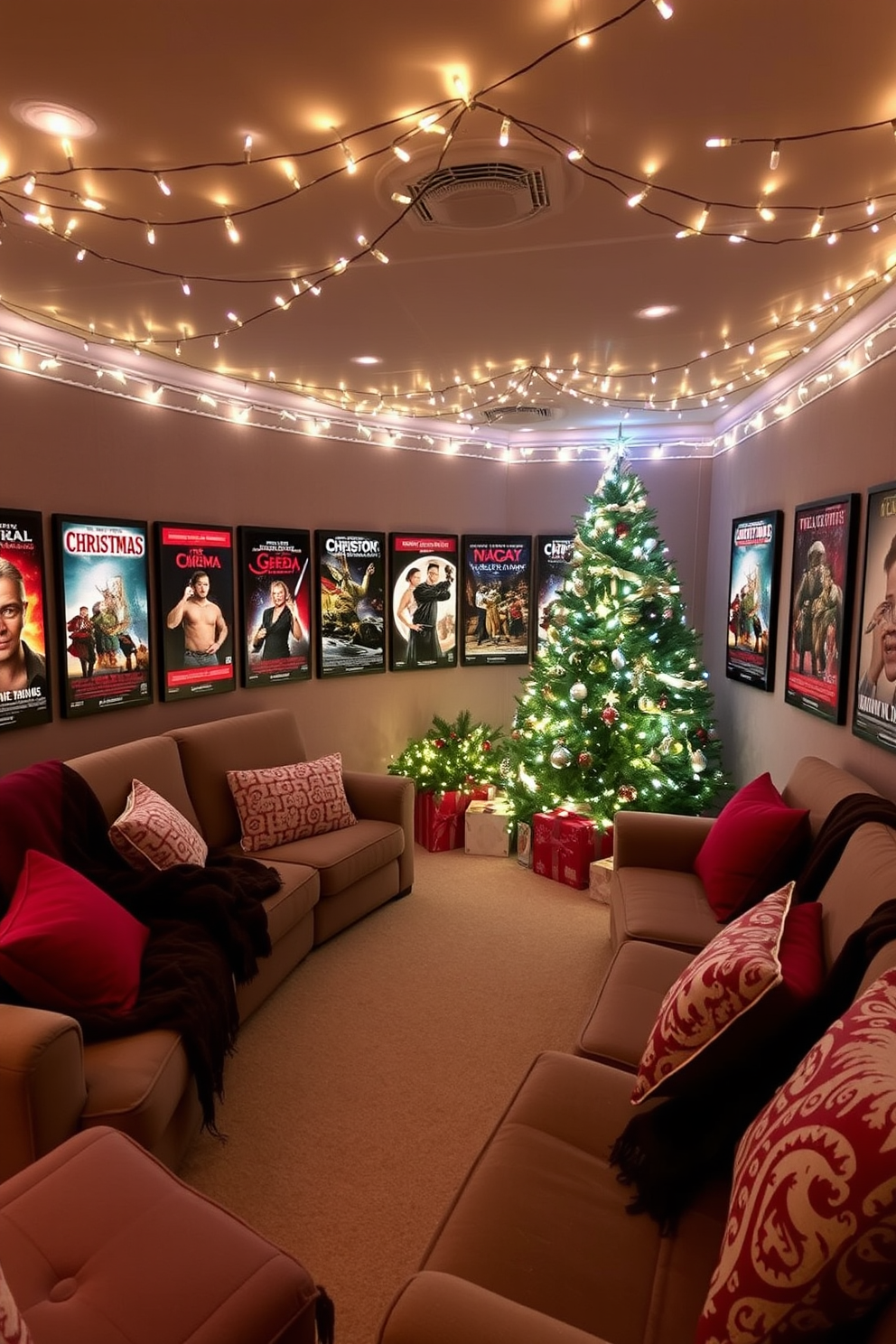 A cozy home theater adorned with Christmas-themed movie posters lining the walls, featuring classic films and festive designs that evoke holiday cheer. Soft, ambient lighting highlights the posters, while plush seating arranged in a semi-circle invites family and friends to enjoy movie nights together. The space is decorated with twinkling fairy lights draped across the ceiling, creating a warm and inviting atmosphere. A large, beautifully decorated Christmas tree stands in one corner, surrounded by comfortable throws and festive cushions on the seating.