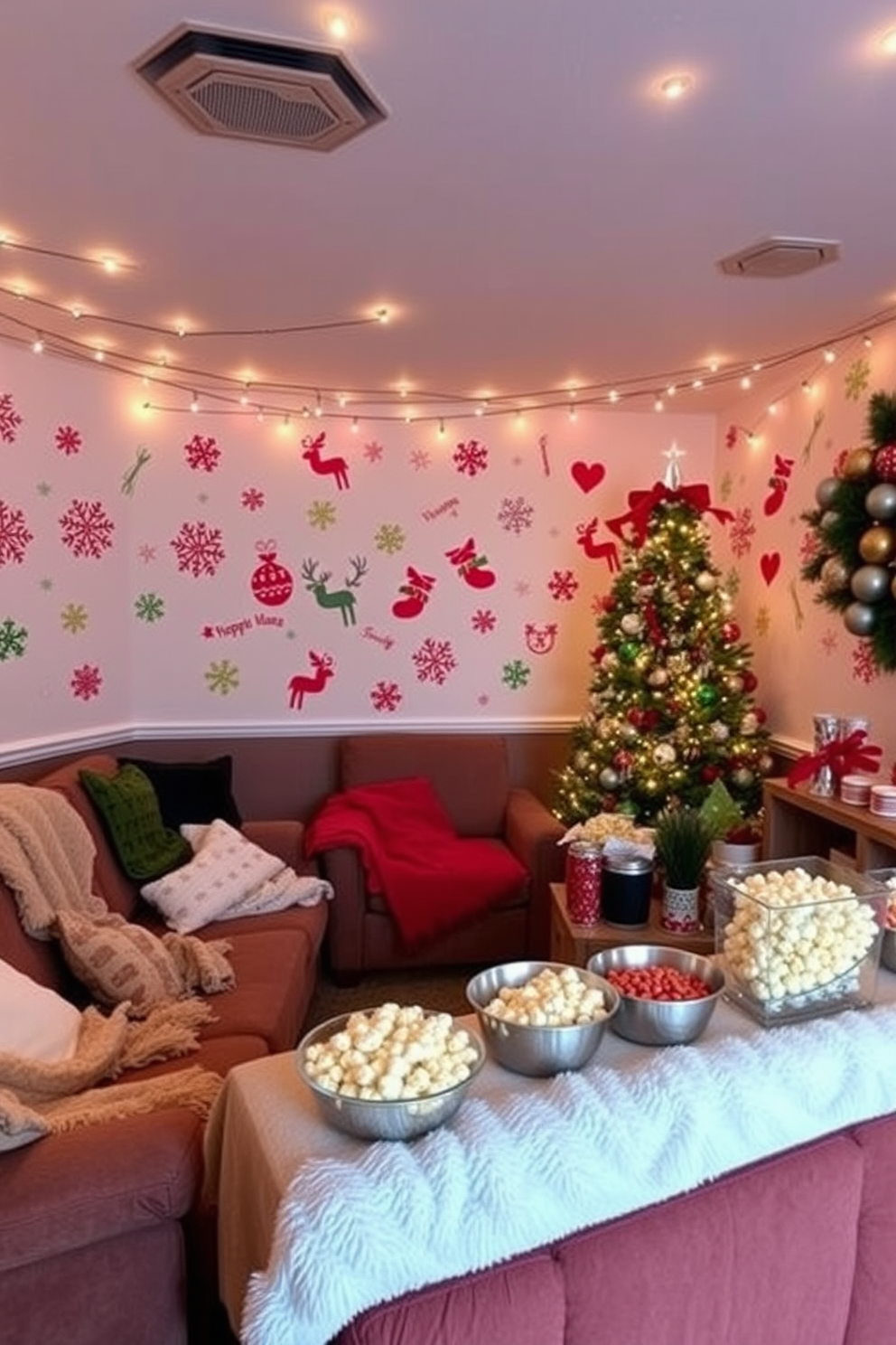 Festive wall decals in vibrant colors adorn the walls, featuring playful designs like snowflakes, reindeer, and holiday ornaments. The decals create a cheerful atmosphere, perfect for celebrating the holiday season. The home theater is transformed into a cozy Christmas retreat with string lights draped across the ceiling and plush throws on the seating. A large, decorated Christmas tree stands in the corner, while a popcorn station is set up with festive bowls and treats for movie nights.