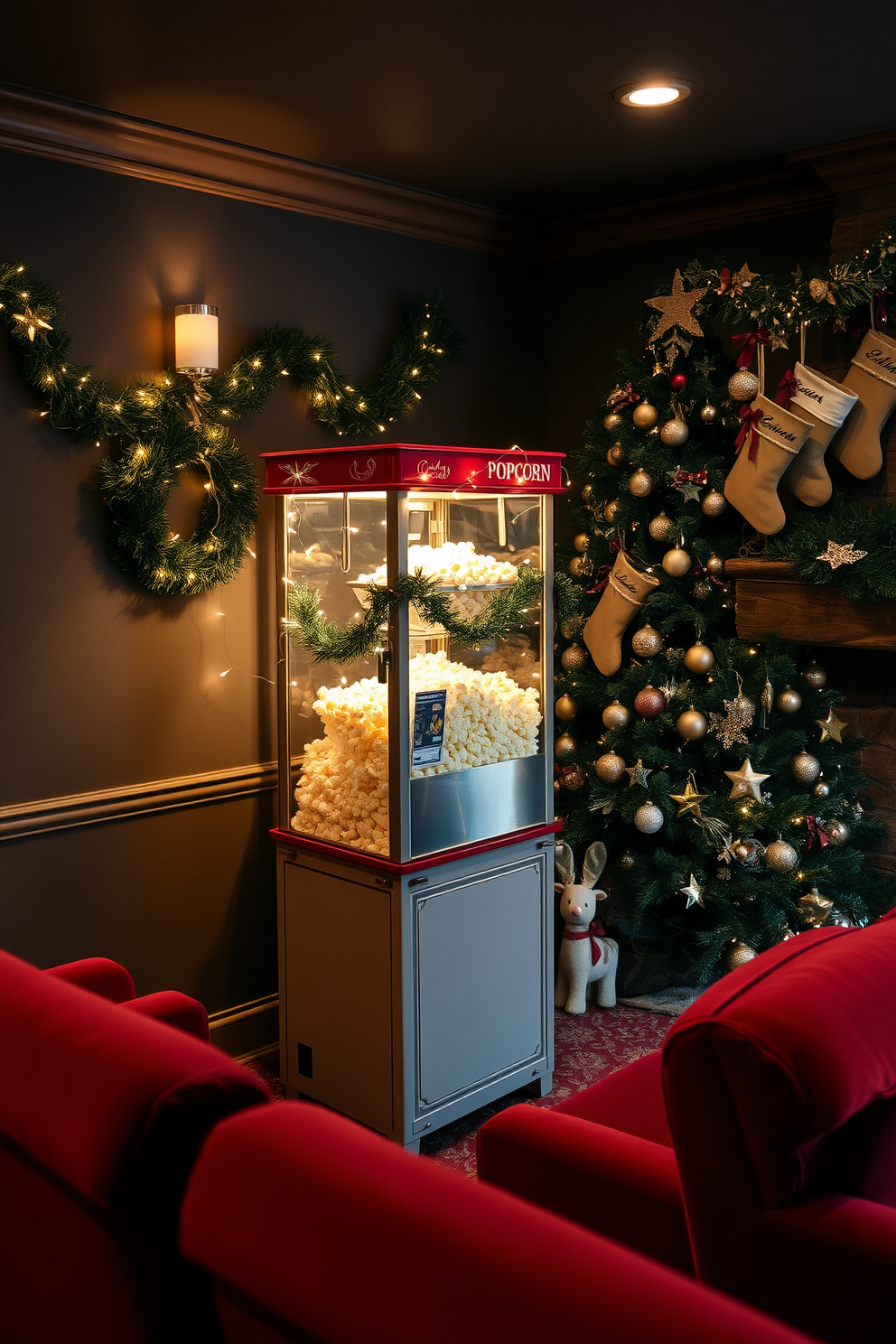 A vintage popcorn machine sits prominently in the corner of a cozy home theater, surrounded by plush, deep-red velvet seating. The machine is adorned with festive garlands and twinkling fairy lights, creating a nostalgic and inviting atmosphere. For Christmas decorating ideas, the home theater is transformed with a large, beautifully decorated tree in one corner, draped in gold and silver ornaments. Stockings hang from a rustic wooden mantel, while soft, warm lighting enhances the festive spirit throughout the space.