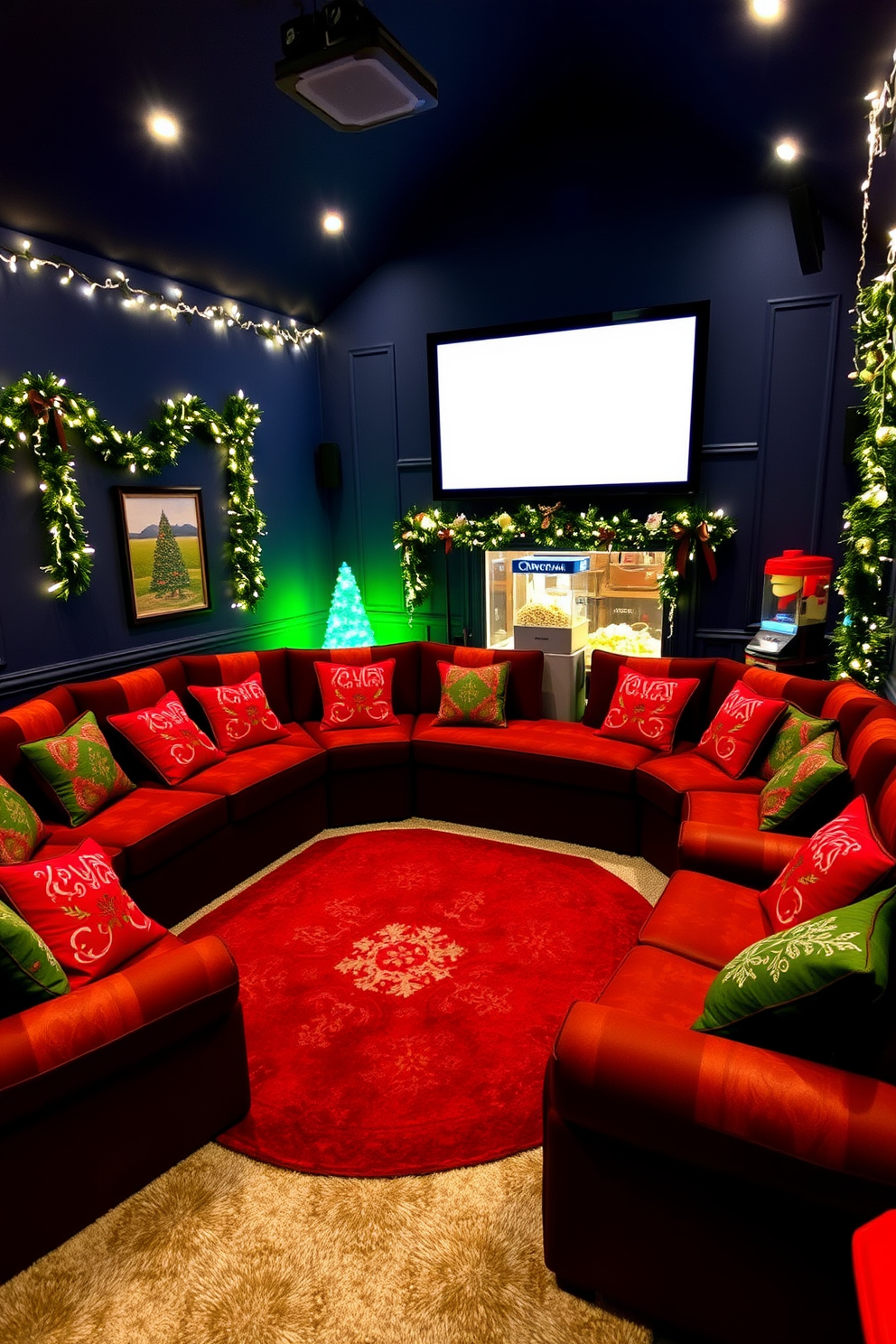 A cozy home theater adorned with red and green themed seating cushions, arranged in a semi-circle around a large, plush area rug. The walls are painted a deep navy blue, accented with twinkling fairy lights and festive garlands, creating a warm and inviting atmosphere for holiday movie nights. The seating features oversized, comfortable sofas with vibrant red and green cushions, each showcasing intricate holiday patterns. A large screen is mounted on the wall, framed by festive decorations, while a stylish popcorn machine sits in the corner, ready for guests to enjoy seasonal treats.