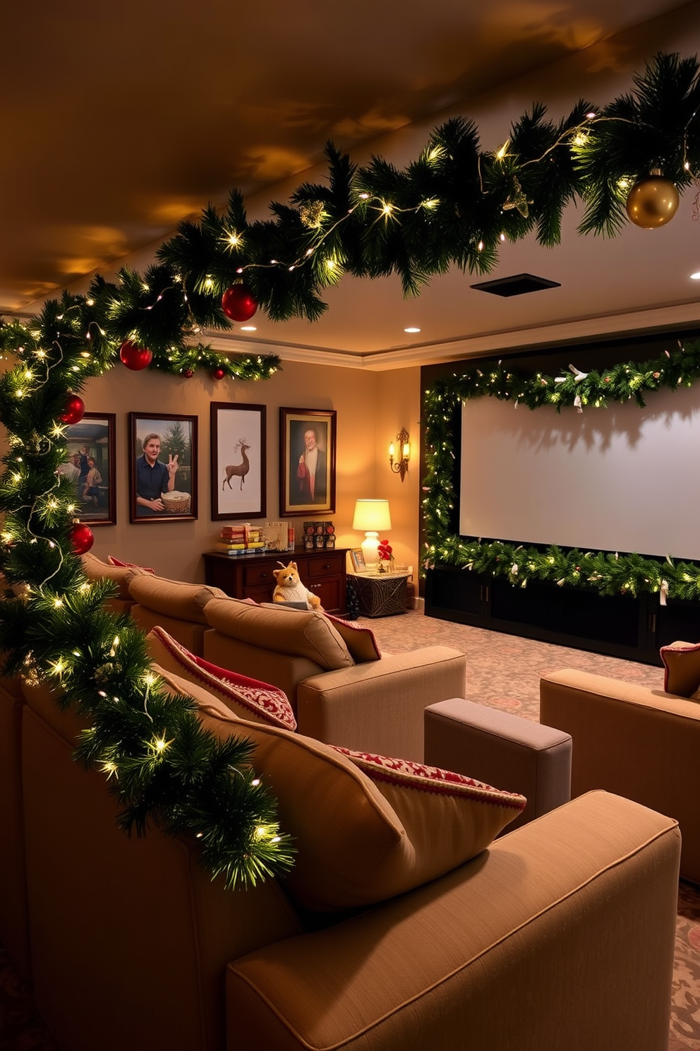 A cozy home theater adorned for the holidays, featuring plush seating arranged for optimal viewing. Festive holiday garlands are draped elegantly over the furniture, intertwined with twinkling fairy lights and adorned with ornaments. The walls are decorated with seasonal artwork, and a large screen is framed by a lush green garland. Soft, warm lighting creates an inviting atmosphere, perfect for family movie nights during the festive season.