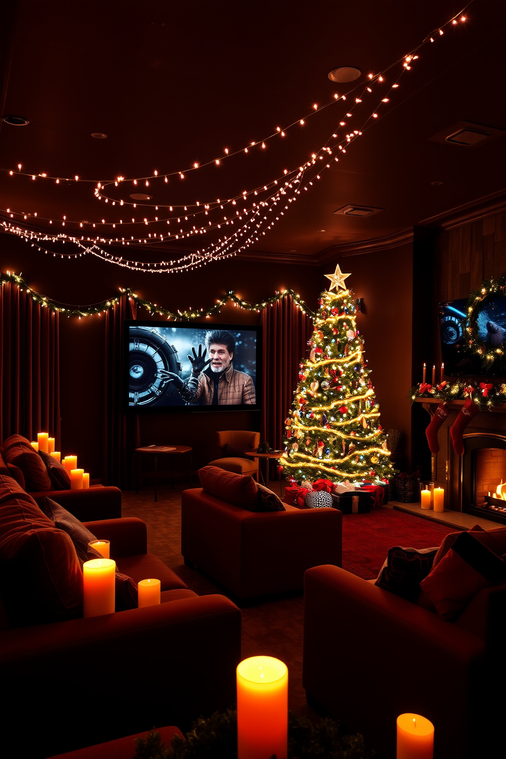 A cozy home theater setting illuminated by soft candlelight ambiance created with LED candles. The walls are adorned with dark, rich colors, and plush seating is arranged for optimal viewing comfort, surrounded by festive Christmas decorations. Twinkling fairy lights drape across the ceiling, enhancing the holiday spirit while a beautifully decorated Christmas tree stands in one corner. Stockings hang from a stylish mantel, adding a warm touch to the inviting atmosphere.