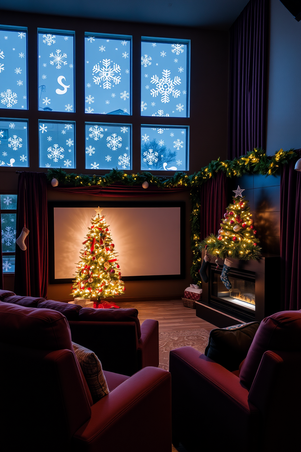 A cozy home theater adorned for Christmas, featuring snowflake decals on the windows that create a whimsical winter atmosphere. Plush seating is arranged in a semi-circle around a large screen, with soft, ambient lighting highlighting the festive decorations. The walls are draped in rich, dark fabric, enhancing the cinematic experience, while a beautifully decorated Christmas tree stands in one corner, twinkling with lights and ornaments. Festive garlands and stockings hang above a modern fireplace, inviting warmth and holiday cheer into the space.