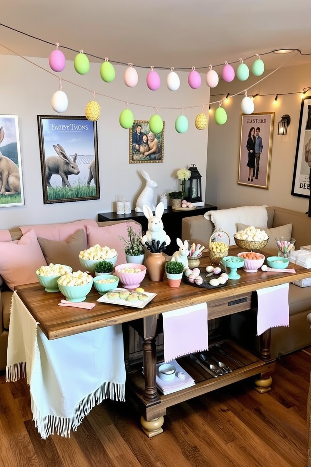 An Easter-themed popcorn bar setup. A rustic wooden table is adorned with pastel-colored bowls filled with various flavors of popcorn. Above the table, a garland of Easter eggs and bunnies hangs, adding a festive touch. The table is decorated with small potted flowers and a bunny-shaped centerpiece, while pastel napkins and scoops are neatly arranged for guests to serve themselves. Home Theater Easter Decorating Ideas. The home theater features comfortable seating with pastel-colored throw blankets and cushions. On the walls, Easter-themed posters and artwork add a seasonal flair. A small table at the back of the room holds an assortment of Easter treats, including chocolate eggs and bunny-shaped cookies. Soft, ambient lighting in the form of string lights and lanterns creates a cozy atmosphere perfect for enjoying a holiday movie marathon.