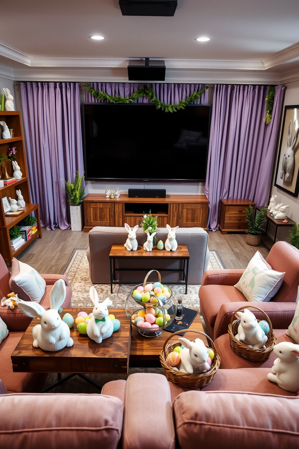 A cozy living room adorned with charming bunny figurines. The figurines are placed on wooden shelves and a rustic coffee table, each bunny detailed with pastel colors and delicate features. The shelves are filled with a mix of books and small potted plants, creating a warm and inviting atmosphere. The coffee table, positioned in front of a plush sofa, also holds a few ceramic bunnies and a glass bowl filled with colorful candies. A luxurious home theater decorated for Easter. The room features a large screen flanked by floor-to-ceiling curtains in a soft lavender hue. Plush, reclining seats are adorned with pastel-colored throw pillows featuring Easter motifs. Small tables between the seats hold baskets filled with decorative Easter eggs, and the walls are adorned with festive garlands and bunny-themed artwork.