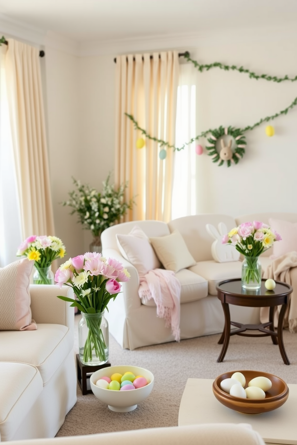 A living room with spring floral centerpieces on side tables. Each side table is adorned with a vase of fresh, vibrant flowers in pastel colors, bringing a touch of spring indoors. The room features a neutral color palette, allowing the floral arrangements to stand out. Light filters in through sheer curtains, creating a warm and inviting atmosphere. A cozy home theater decorated for Easter. Plush seating in soft pastel shades is complemented by Easter-themed throw pillows and blankets. The walls are adorned with festive garlands and bunny-shaped decorations. On a small table, a bowl of pastel-colored Easter eggs adds a playful touch.