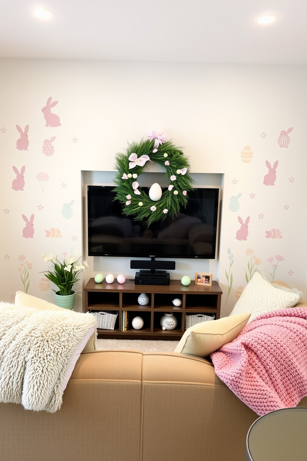 Create a cozy home theater with an Easter theme. Decorate the walls with pastel-colored decals featuring bunnies, eggs, and spring flowers. Add plush throws and pillows in soft pinks, blues, and yellows to the seating area. Place a large, decorative Easter wreath above the screen, and scatter small, themed ornaments around the room.