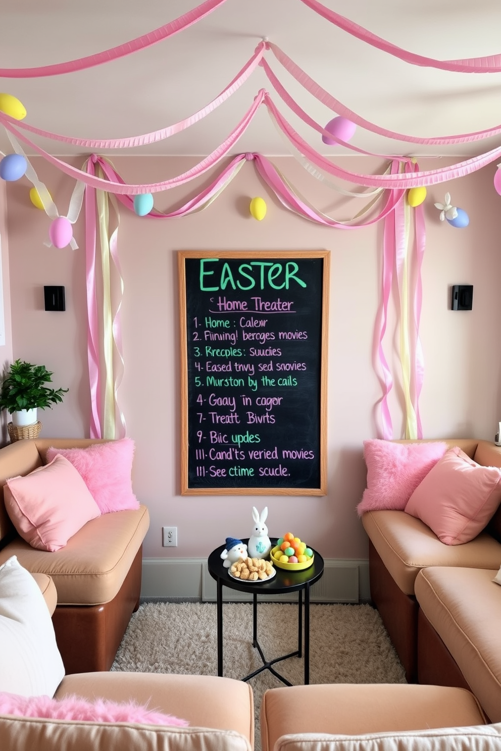 A cozy home theater decorated for Easter. The walls are adorned with pastel-colored streamers and garlands featuring Easter eggs and bunnies, creating a festive atmosphere. In the center of the room, a chalkboard displays a lineup of Easter-themed movies, written in vibrant chalk colors. Plush seating with soft, pastel cushions invites guests to relax and enjoy the films, while a small table nearby holds a variety of Easter treats and snacks.