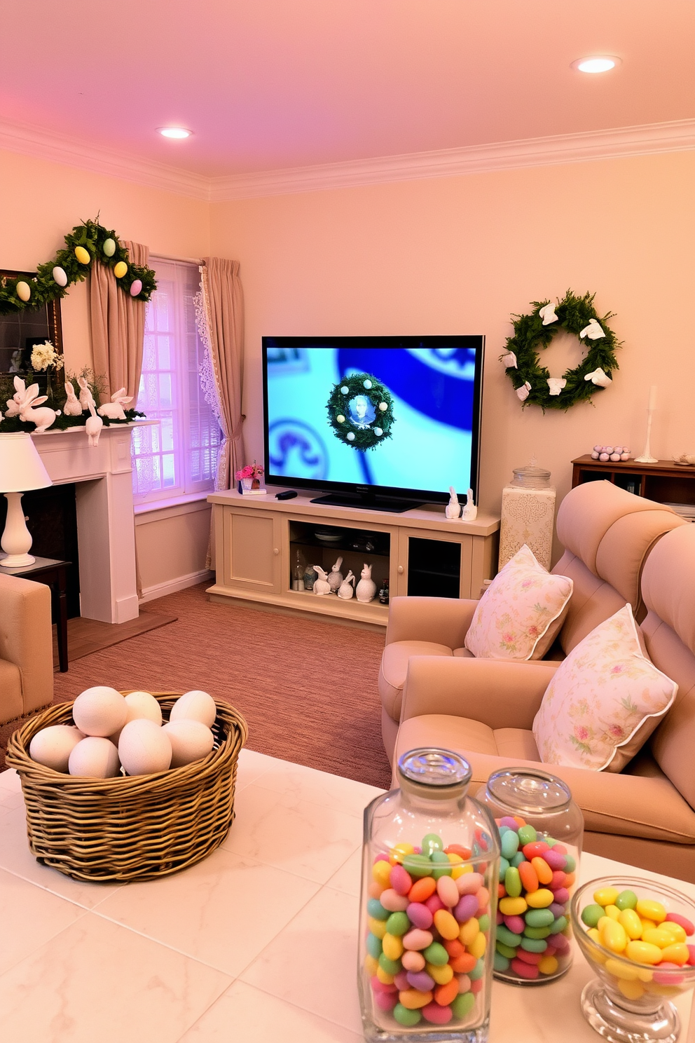 A cozy living room adorned with vintage Easter decorations. There are pastel-colored Easter eggs in a wicker basket on the coffee table, and a garland of paper bunnies draped across the fireplace mantel. Antique porcelain bunnies are placed on the side tables, and a vintage floral tablecloth covers the dining table. The walls are painted in a soft, warm cream color, and lace curtains hang from the windows, giving the room a nostalgic charm. A luxurious home theater decorated for Easter. Plush reclining seats are adorned with pastel-colored throw pillows featuring Easter-themed patterns, and a large Easter wreath hangs on the wall beside the screen. The snack bar is decorated with a variety of Easter treats, including chocolate bunnies and colorful jellybeans in glass jars. Soft ambient lighting in shades of pink and yellow creates a festive and cozy atmosphere, perfect for enjoying Easter movies with family and friends.