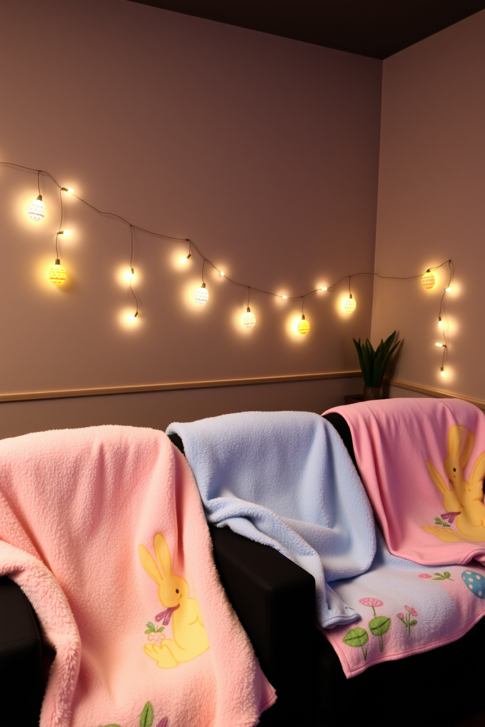 A cozy home theater room decorated for Easter. Plush blankets in pastel colors such as light pink, baby blue, and soft yellow are draped over the seating area. Each blanket features charming Easter motifs like bunnies, eggs, and spring flowers. The room is dimly lit to enhance the viewing experience, with a soft glow coming from string lights shaped like Easter eggs hanging along the walls.