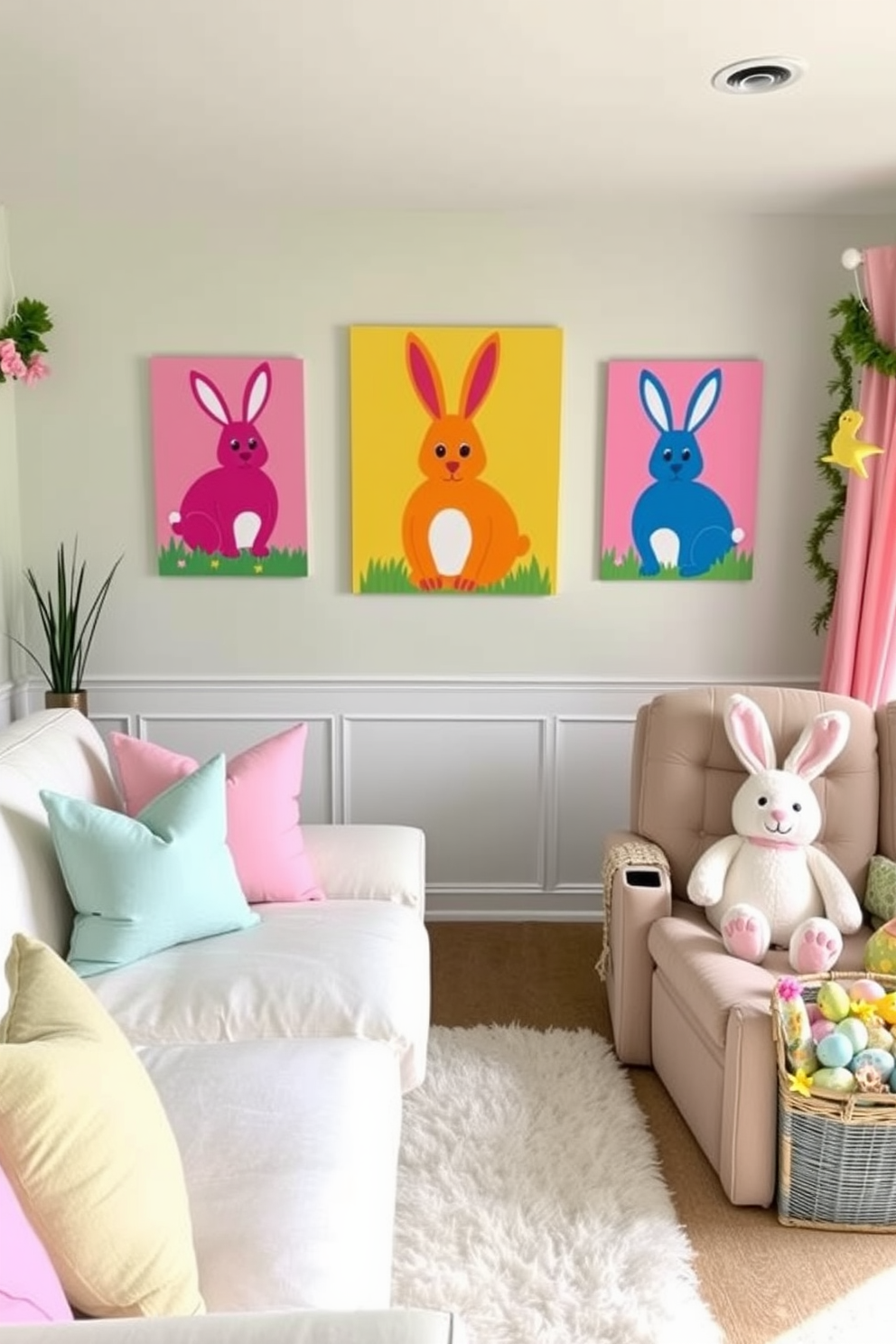 A lively living room adorned with brightly colored wall art featuring whimsical bunnies. The walls are painted in a soft pastel shade, providing a perfect backdrop for the vibrant artwork, while a cozy white sofa and a fluffy rug complete the inviting space. A cozy home theater room decorated for Easter, with pastel-colored throw pillows and a large, plush bunny sitting on one of the recliners. The walls are adorned with festive garlands and spring-themed decorations, creating a cheerful ambiance for movie nights.