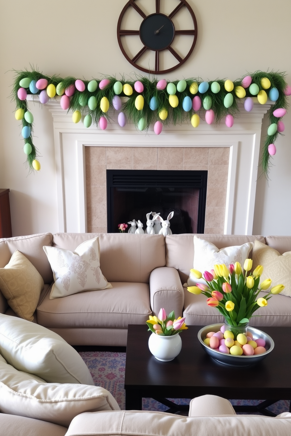 A vibrant Easter egg garland drapes across the mantel, featuring eggs in pastel hues of pink, blue, yellow, and green. Below the garland, a collection of ceramic bunnies and spring flowers adds a whimsical touch to the display, enhancing the festive atmosphere. In the home theater, plush seating is adorned with throw pillows in Easter-themed patterns, such as bunnies and eggs. The coffee table is decorated with a centerpiece of fresh tulips and a bowl of colorful Easter candies, creating a cozy and celebratory environment for movie nights.