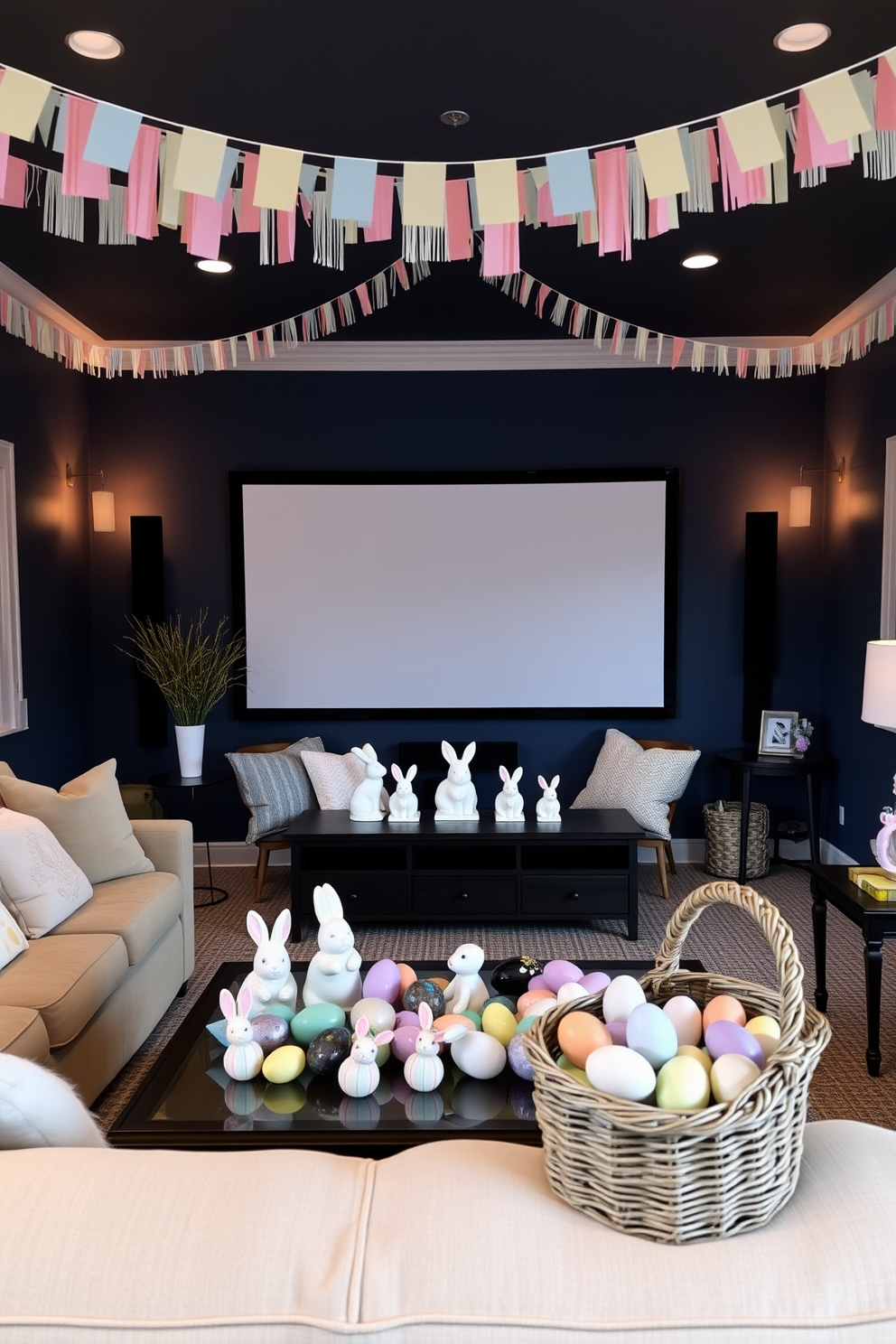 A cozy home theater adorned for Easter. Plush seating faces a large screen, while pastel-colored bunting hangs from the ceiling. The walls are a deep navy blue, contrasting with the light pastel decorations. On the coffee table, an assortment of decorative Easter eggs and bunny figurines are arranged. Soft, warm lighting creates an inviting atmosphere. A basket filled with chocolate eggs is placed on one of the side tables, ready for a festive Easter egg hunt.