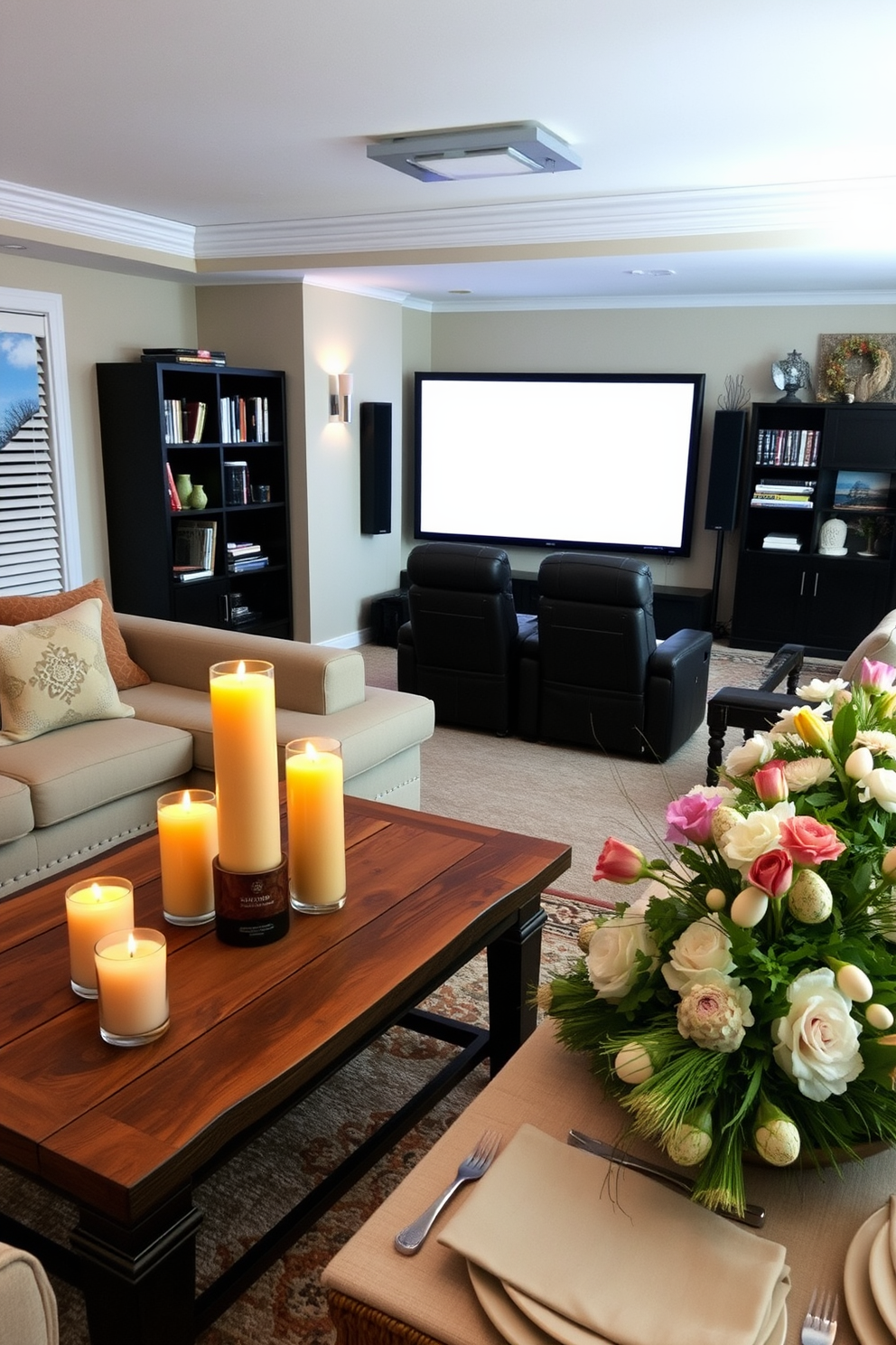 A cozy living room adorned with seasonal scents. Candles in warm autumnal hues are placed on a rustic wooden coffee table, while diffusers with pine and cinnamon fragrances are scattered around the space. A luxurious home theater setup with plush, reclining seats and a large screen. Surround sound speakers are strategically placed, and a sleek black cabinet holds an array of DVDs and Blu-rays. An elegant dining room dressed for Easter. The table is set with pastel-colored plates and napkins, while a centerpiece of fresh flowers and decorated eggs adds a festive touch.