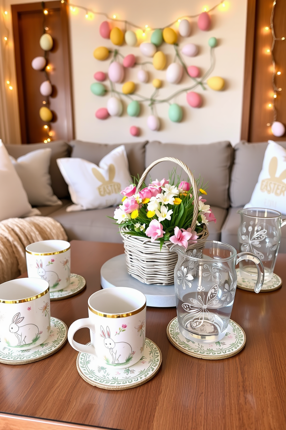 Easter-themed drinkware for refreshments. A set of pastel-colored ceramic mugs, each adorned with delicate hand-painted Easter motifs such as bunnies, eggs, and flowers. Alongside the mugs, crystal-clear glass pitchers with etched floral designs hold refreshing beverages, their rims subtly accented with gold. The table is set with matching coasters featuring intricate patterns of Easter lilies and vibrant butterflies, bringing a festive touch to the refreshment area. Home Theater Easter Decorating Ideas. The home theater is transformed with soft, pastel-colored throw pillows and blankets featuring Easter-themed prints like bunnies and chicks. The walls are adorned with garlands of paper eggs in various shades of pink, yellow, and blue, creating a cheerful ambiance. On the coffee table, a centerpiece of fresh spring flowers in a decorative Easter basket adds a touch of nature. Soft lighting from fairy lights strung around the room enhances the cozy, festive atmosphere perfect for a family movie night.