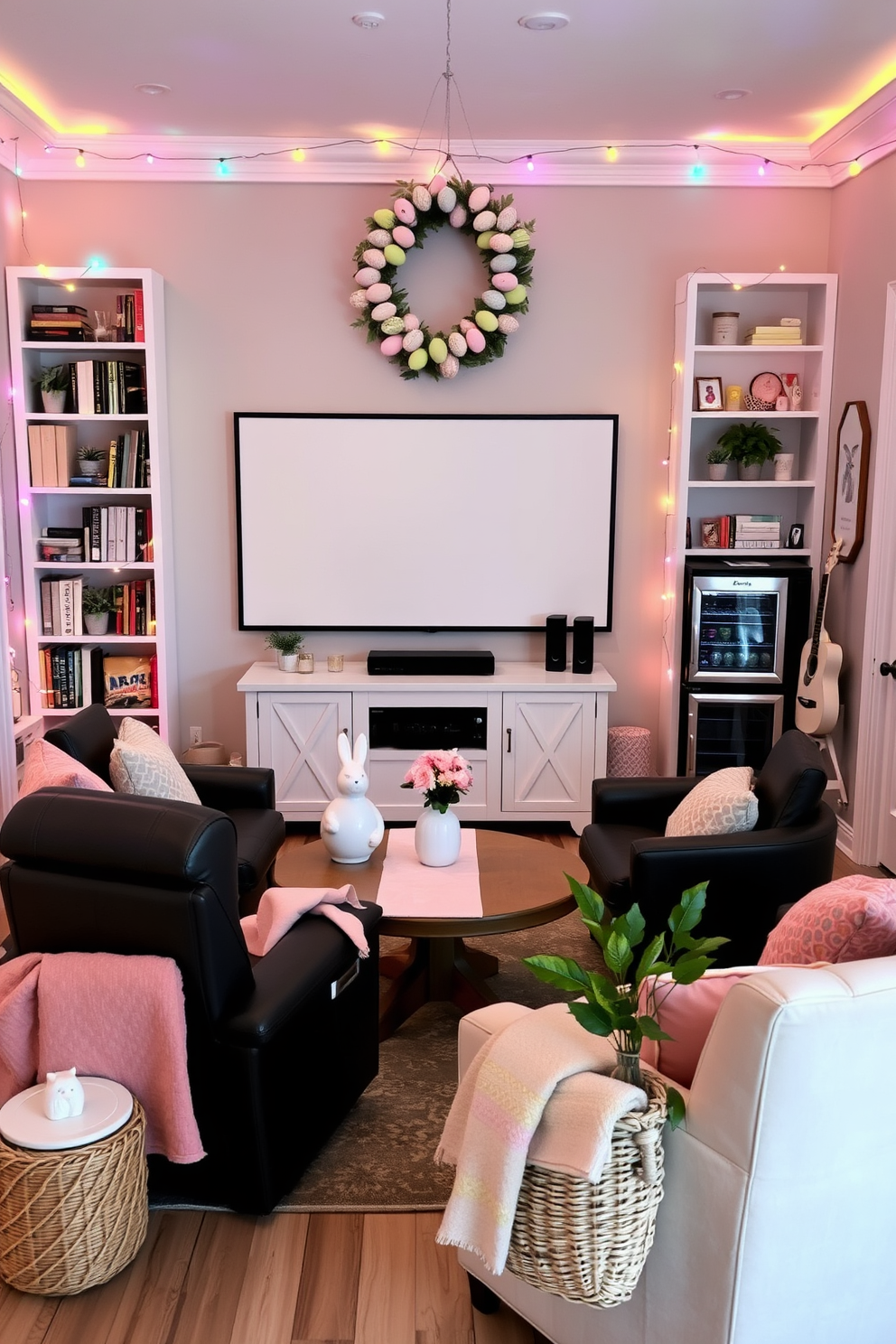 A cozy living room adorned with decorative fairy lights in pastel colors. The lights are draped along the edges of a white bookshelf filled with books and small potted plants, casting a soft, colorful glow over the room. Plush pastel-colored cushions are scattered across a light grey sofa, and a pastel pink throw blanket is casually draped over the armrest. A round coffee table in the center holds a vase of fresh flowers, adding a touch of nature to the serene atmosphere. A luxurious home theater setup designed for ultimate comfort and style. Plush reclining seats in dark leather are arranged in front of a large screen, with a sleek sound system providing immersive audio. Soft ambient lighting along the walls and ceiling creates an intimate viewing experience. A mini-fridge stocked with snacks and drinks, along with a popcorn machine, completes the perfect home theater ambiance. An inviting entryway decorated with charming Easter-themed elements. A wooden console table is adorned with a pastel-colored table runner and a large ceramic bunny figurine. Above the table, a wreath made of colorful Easter eggs hangs on the wall, adding a festive touch. Small baskets filled with decorative eggs and fresh flowers are placed on the table, creating a cheerful and welcoming atmosphere.