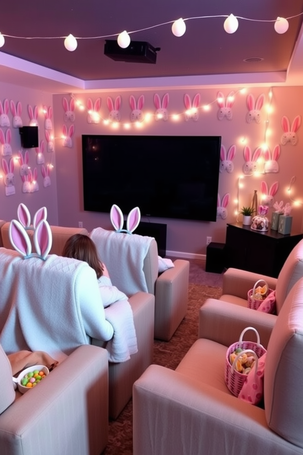 A cozy home theater decorated for Easter. The walls are adorned with pastel-colored bunny ear headbands for movie viewers, creating a playful and festive atmosphere. Plush seating is arranged to face a large screen, with each seat having its own soft blanket and a small basket filled with Easter treats. The room's lighting is dimmed to enhance the viewing experience, while soft string lights shaped like Easter eggs add a whimsical touch.