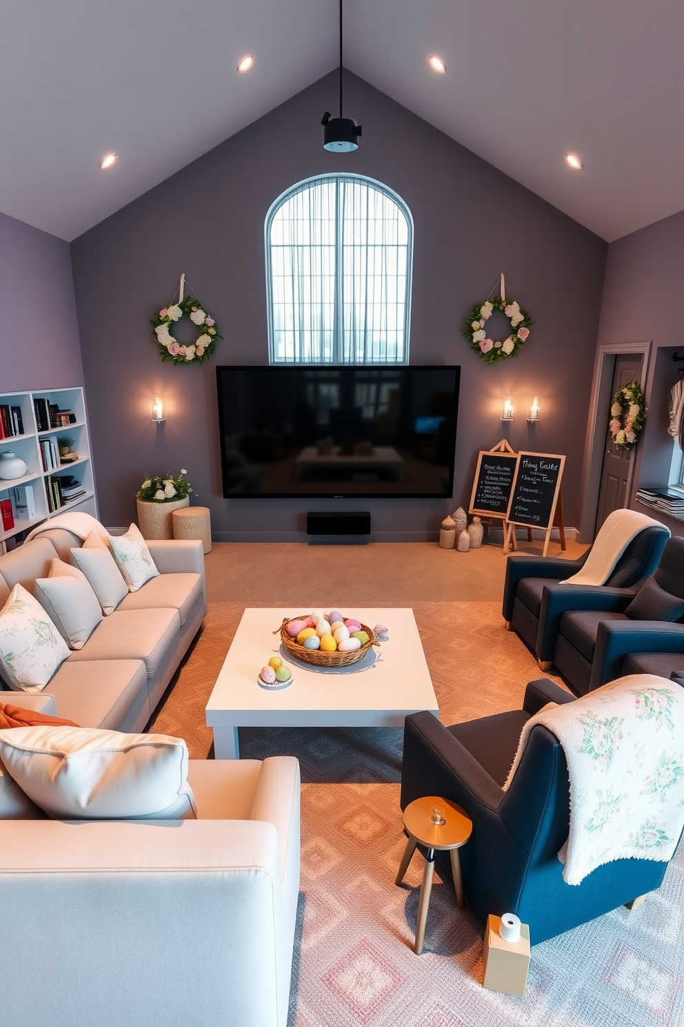 A cozy living room designed for Easter-themed trivia games during breaks. The room features a large, plush sectional sofa in pastel colors, surrounded by soft, floral-patterned throw pillows. A white coffee table sits in the center, adorned with an array of colorful Easter eggs and a basket filled with trivia cards. The walls are painted in a soft lavender hue, and a large window with sheer curtains allows plenty of natural light to flood the space. A bookshelf in the corner is stocked with books and games, while a small chalkboard easel stands nearby, ready for scorekeeping. A luxurious home theater decorated with elegant Easter touches. Plush, reclining theater seats in a rich navy blue are arranged in front of a large screen, with cozy blankets draped over the armrests. The walls are painted in a deep, warm gray, and soft ambient lighting creates a relaxing atmosphere. Decorative Easter wreaths hang on either side of the screen, and small, pastel-colored lanterns line the aisles. A sleek, modern snack bar at the back of the room offers an assortment of Easter-themed treats and beverages.