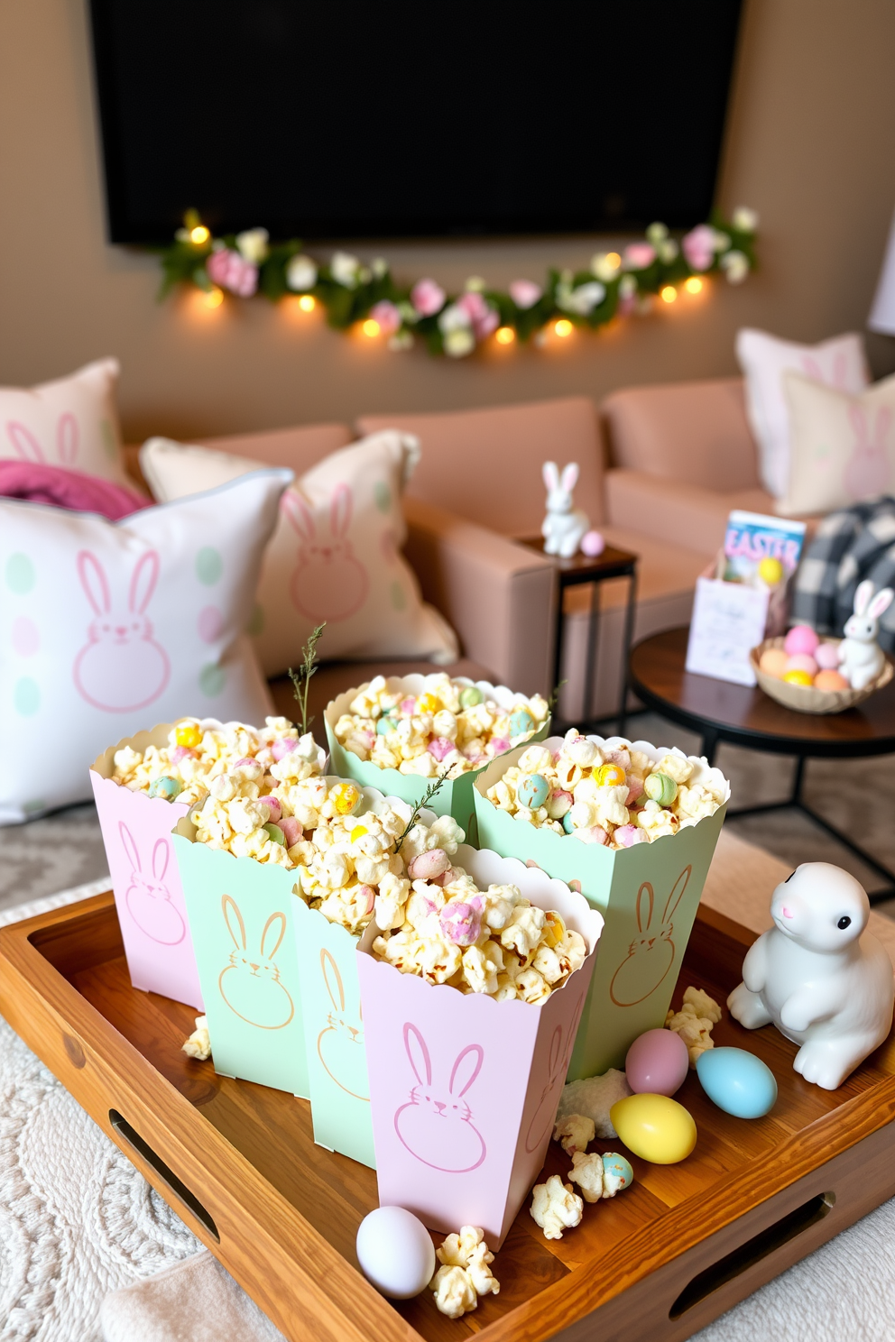 Easter-themed popcorn containers for snacks. There are pastel-colored popcorn containers adorned with cute bunny and egg illustrations. Each container is filled with a mix of colorful popcorn, some pieces drizzled with white chocolate and pastel sprinkles. The containers are arranged on a wooden tray, surrounded by small decorative Easter eggs and a few sprigs of fresh flowers. Home Theater Easter Decorating Ideas. The home theater room is decorated with soft, pastel-colored throw pillows and blankets featuring bunny and egg patterns. A garland of Easter eggs and flowers is draped along the top of the screen, and small bunny figurines are placed on the side tables. The snack bar area includes Easter-themed popcorn containers and a bowl of chocolate eggs. The lighting is adjusted to a warm, cozy glow, enhancing the festive atmosphere.