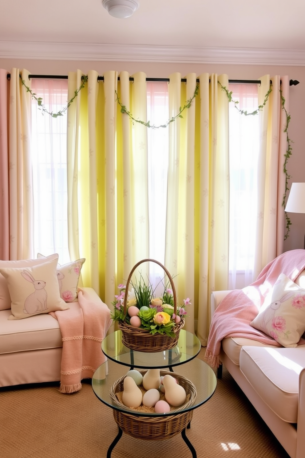 Spring-themed curtains for a fresh look. Imagine light, airy curtains in pastel shades of pink, green, and yellow, adorned with delicate floral patterns. The fabric is sheer, allowing sunlight to filter through and brighten the room, while the floral motifs add a touch of nature and freshness. Home Theater Easter Decorating Ideas. Envision a cozy home theater decorated with pastel-colored cushions and throws, featuring Easter-themed patterns like bunnies and eggs. The walls are adorned with subtle Easter garlands, and a centerpiece table holds a decorative Easter basket filled with colorful eggs and spring flowers.