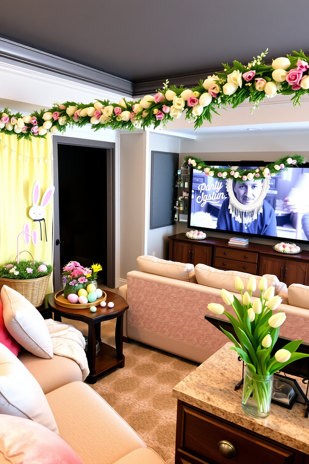 A cozy photo booth area adorned with Easter-themed props. There are pastel-colored bunny ears, decorative eggs, and spring flowers arranged on a wooden table, with a soft yellow backdrop featuring a playful bunny pattern. To the side, a wicker basket filled with faux grass and colorful eggs adds a festive touch. A luxurious home theater decorated for Easter. The room features plush seating with pastel-colored throw blankets and pillows, while a garland of Easter eggs and flowers drapes over the screen. On the snack bar, there are Easter-themed treats and a vase with fresh tulips, creating a cheerful and inviting atmosphere.