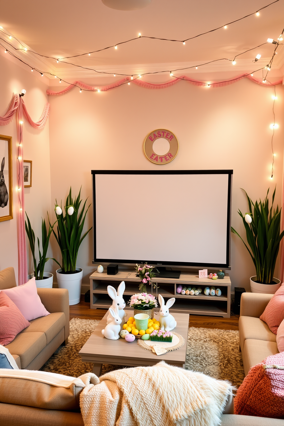 A cozy home theater decorated for Easter. The walls are adorned with pastel-colored garlands and Easter-themed wall art. Plush seating with pastel cushions and throw blankets creates a comfortable atmosphere. A large screen at the front is flanked by tall potted plants with Easter egg ornaments. In the center of the room, a coffee table is set with Easter-themed snacks and drinks. Decorative bunny figurines and spring flowers add a festive touch. Soft lighting enhances the cozy ambiance, with string lights shaped like Easter eggs draped around the room.