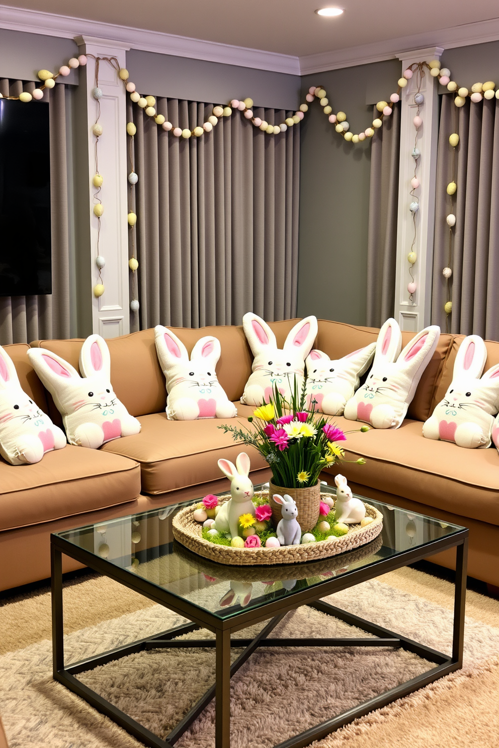 A cozy home theater adorned with bunny-shaped cushions for added comfort. The plush cushions, in pastel colors, are scattered across a large sectional sofa, creating a whimsical and inviting atmosphere. For Easter decorating ideas, the room features delicate garlands of pastel-colored eggs draped along the walls. A centerpiece on the coffee table showcases a charming arrangement of fresh spring flowers and miniature bunny figurines.