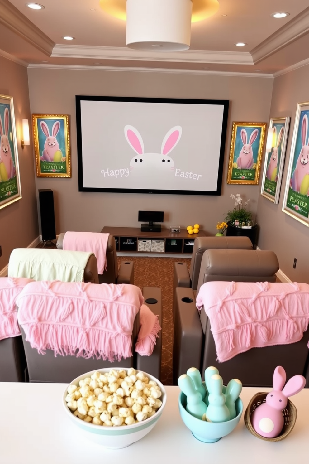 A cozy home theater adorned with Easter-themed decorations. Plush reclining seats are arranged in front of a large screen, with pastel-colored throw blankets draped over each seat. The walls are decorated with movie posters featuring Easter bunnies and colorful eggs, framed in white and gold. A table at the back of the room holds an assortment of Easter-themed snacks, including popcorn in pastel-colored bowls and chocolate bunnies.