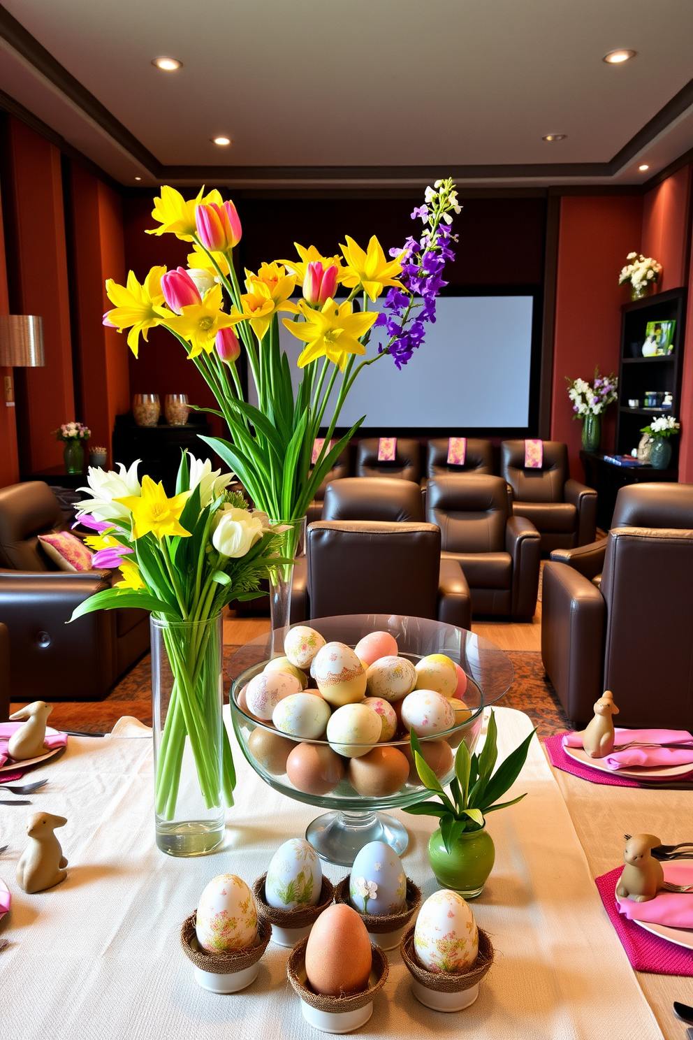 A living room adorned with floral arrangements showcasing vibrant spring blooms. A large glass vase on the coffee table holds a mix of tulips, daffodils, and hyacinths, while smaller vases with single stems are scattered on side tables and shelves, creating a fresh and inviting atmosphere. A luxurious home theater featuring plush, reclining leather seats arranged in tiers. The walls are adorned with acoustic panels in deep, rich colors, and a state-of-the-art projector screen spans the front wall, ensuring a cinematic experience. A charming dining room decorated for Easter, with a pastel-colored tablecloth and matching napkins. The centerpiece is a large bowl filled with painted eggs and surrounded by small bunny figurines, while each place setting includes a decorative egg cup with a single, intricately designed egg.