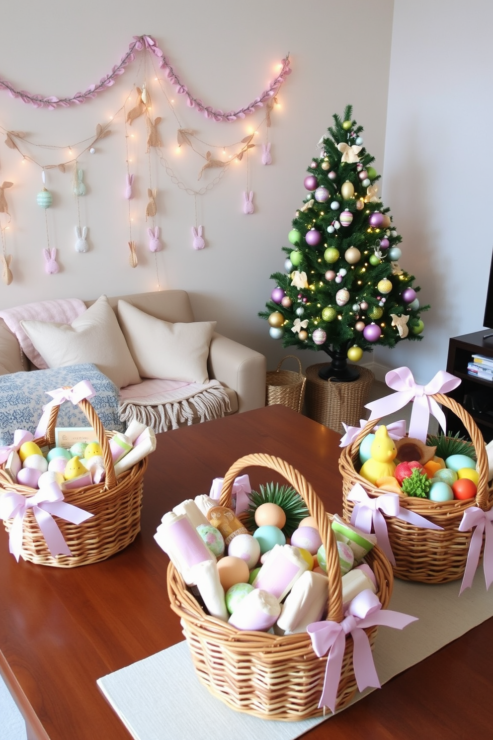 Decorative Easter baskets for snacks. Lush wicker baskets adorned with pastel-colored ribbons and filled with an assortment of snacks, such as chocolate eggs, mini sandwiches, and fresh fruit. Each basket is lined with soft, patterned fabric and decorated with small, handcrafted Easter bunnies and chicks, creating a festive and inviting display on the dining table. Home Theater Easter Decorating Ideas. A cozy home theater room transformed into an Easter wonderland with soft, pastel-colored throw blankets and cushions scattered across the seating area. The walls are adorned with delicate paper garlands featuring Easter eggs and bunnies, while a beautifully decorated Easter tree stands in the corner, twinkling with fairy lights and adorned with colorful ornaments.