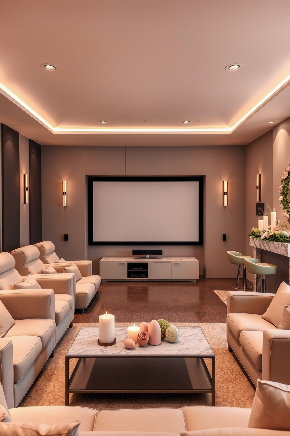 A luxurious home theater setup. Plush, reclining seats are arranged in tiers facing a large screen, surrounded by dark, sound-absorbing walls. Soft, ambient lighting is provided by elegant sconces and recessed ceiling lights. A sleek, modern media console sits below the screen, housing the latest audio-visual equipment. To the side, a small bar area features a marble countertop and stylish bar stools, perfect for enjoying snacks and drinks during the movie. A cozy Easter-themed living room. A soft, pastel color palette dominates the space, with light pink and mint green accents. Egg-shaped candles are placed on the coffee table, providing a gentle, flickering glow. The mantelpiece is adorned with a decorative garland of spring flowers and Easter eggs. Comfortable seating is arranged around a central rug, featuring a subtle, floral pattern.